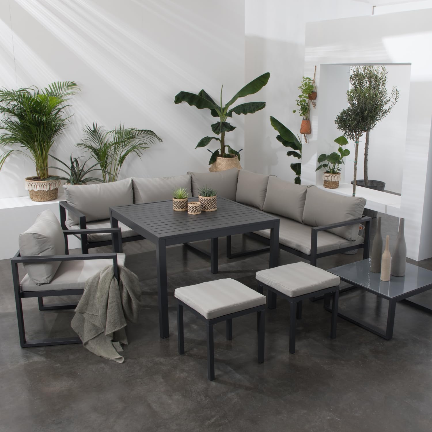 Salon de Jardin modulable Ibiza en Tissu Gris 7 Places - Aluminium Anthracite