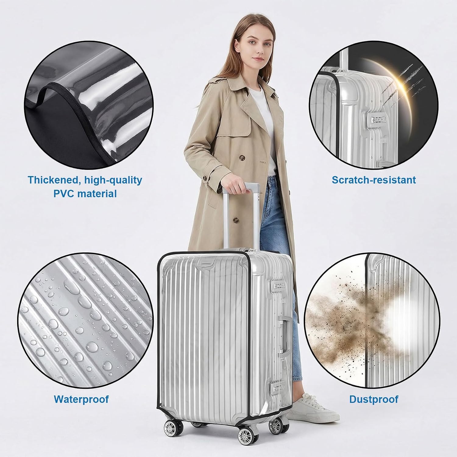 Suitcase Covers For Luggage, 24 inch Clear PVC Luggage Cover with Hanging Tags for Suitcase, Waterproof Dustproof Anti-scratch Luggage Protector for Wheeled Luggage