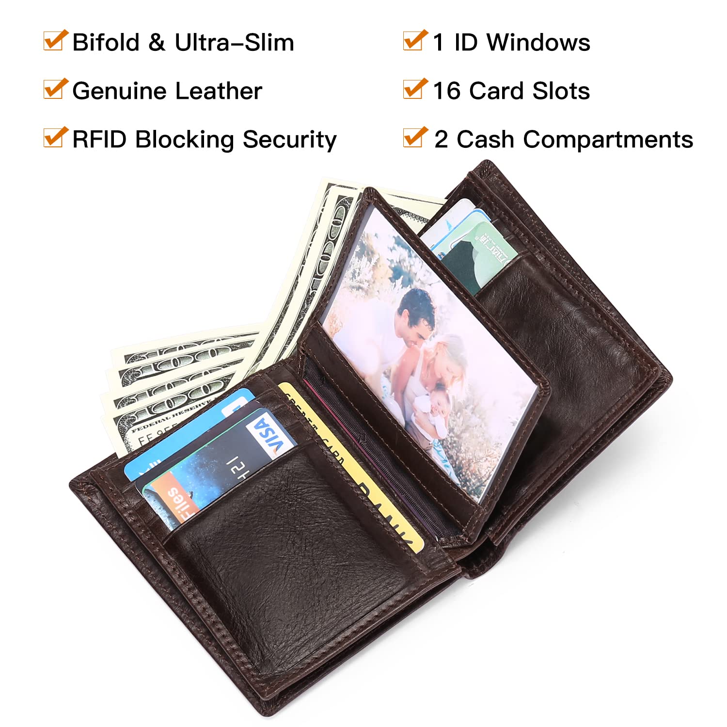 Carteras para hombres de gran capacidad de cuero genuino RFID plegable hombres billetera/titular de la tarjeta de crédito con ventana de identificación, Ab-café, Minimalista 3