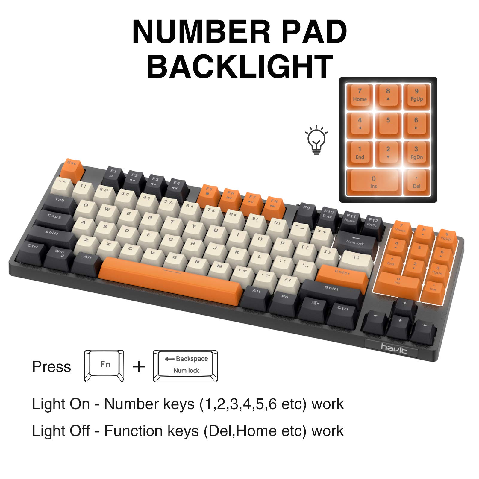 Havit Mechanical Keyboard, Wired Compact PC Keyboard with Number Pad Red Switch Mechanical
