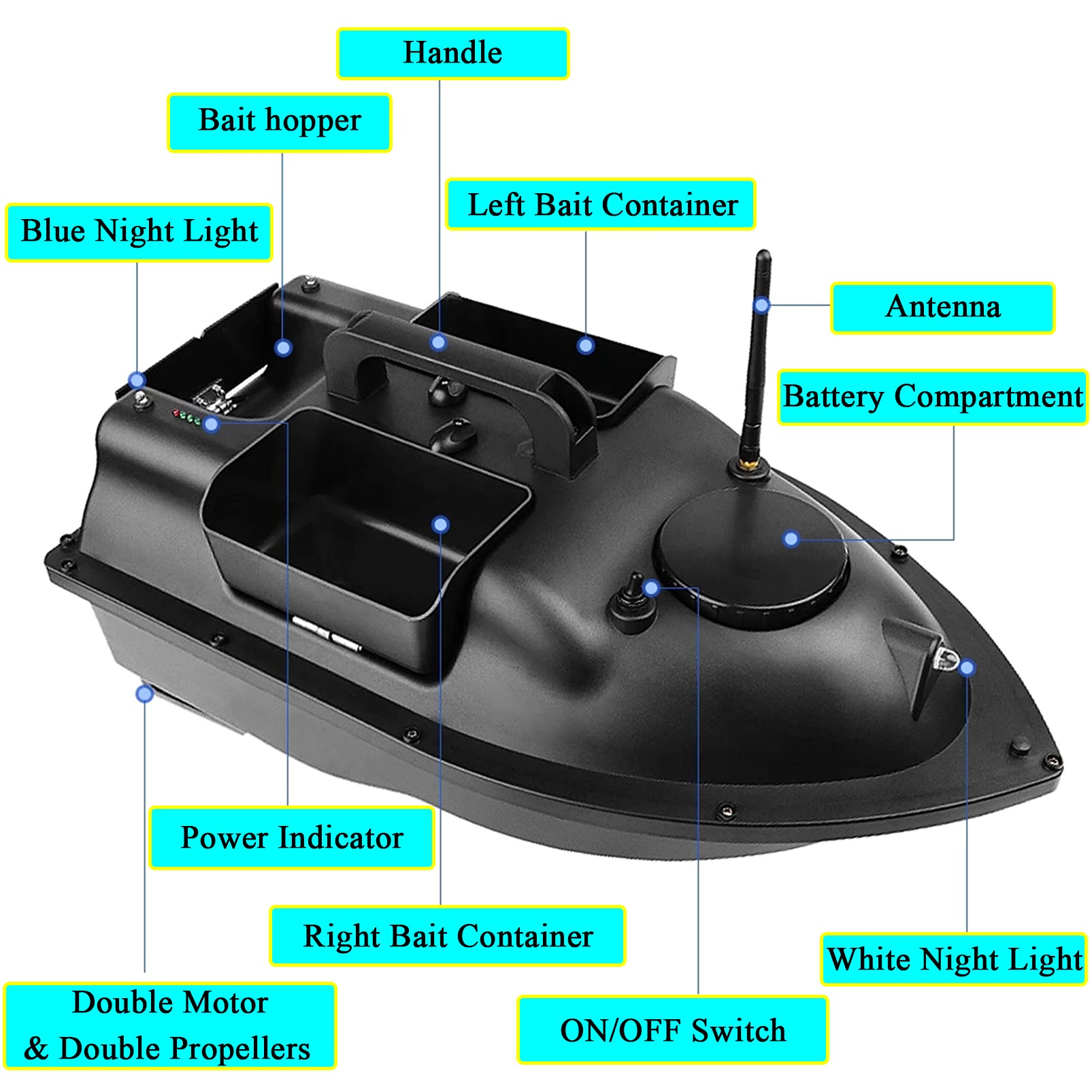 Barca Da Pesca Telecomandata 500m Con GPS E BeiDou - 3 Scatole Esche Controllabili, Batteria 12Ah, 40 Punti Di Posizione - Modello Giallo In ABS Per Lago E Mare