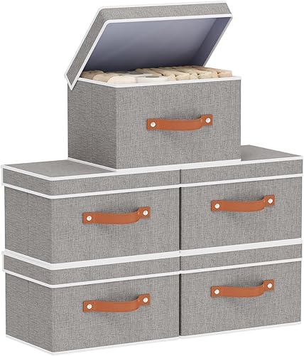 Miniatura 22 de Cesta de almacenamiento de tela con tapas, contenedores de almacenamiento plegables de lino, cajas organizadoras de armario con asas dobles, gris,