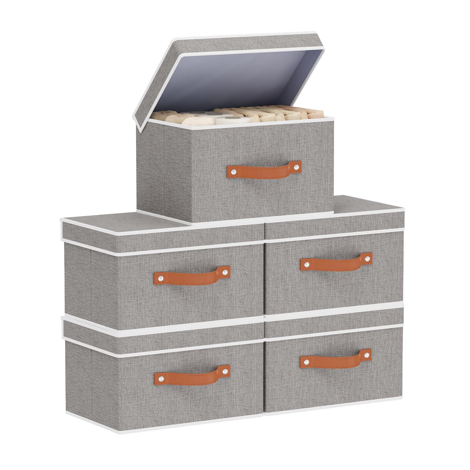 Set de 5 Caja Almacenaje con Tapa, Plegable Cestas Organizadoras con Asas, Cajas Almacenaje Ropa para Libros, Mantas, Sábanas, Gris, 33×23×20cm