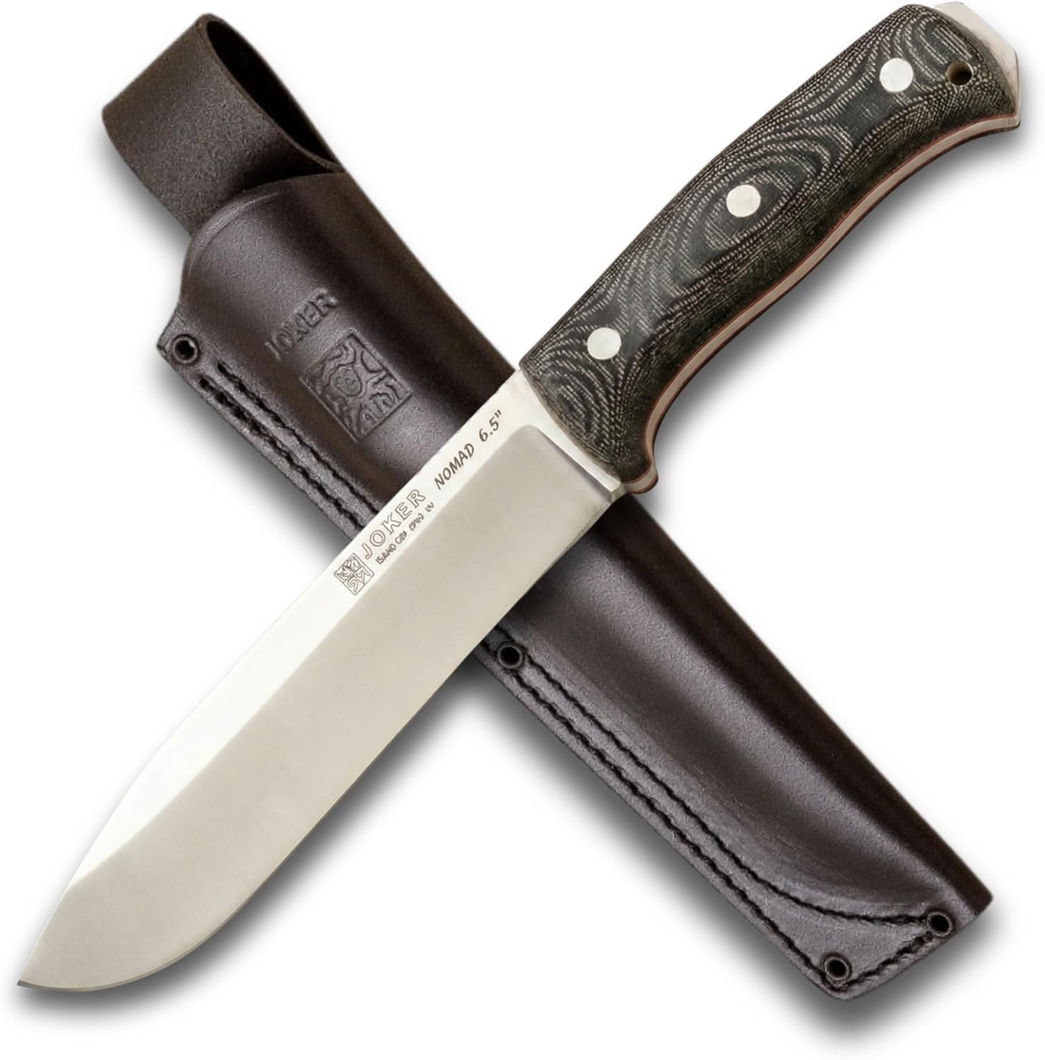 Joker Nomad 6.5” CM137 Fixed Blade Knife, 6.5 Inch Blade, Black Micarta Handle, Black Leather Sheath, Bushcraft Outdoor Knife for Camping, Hunting and Hiking
