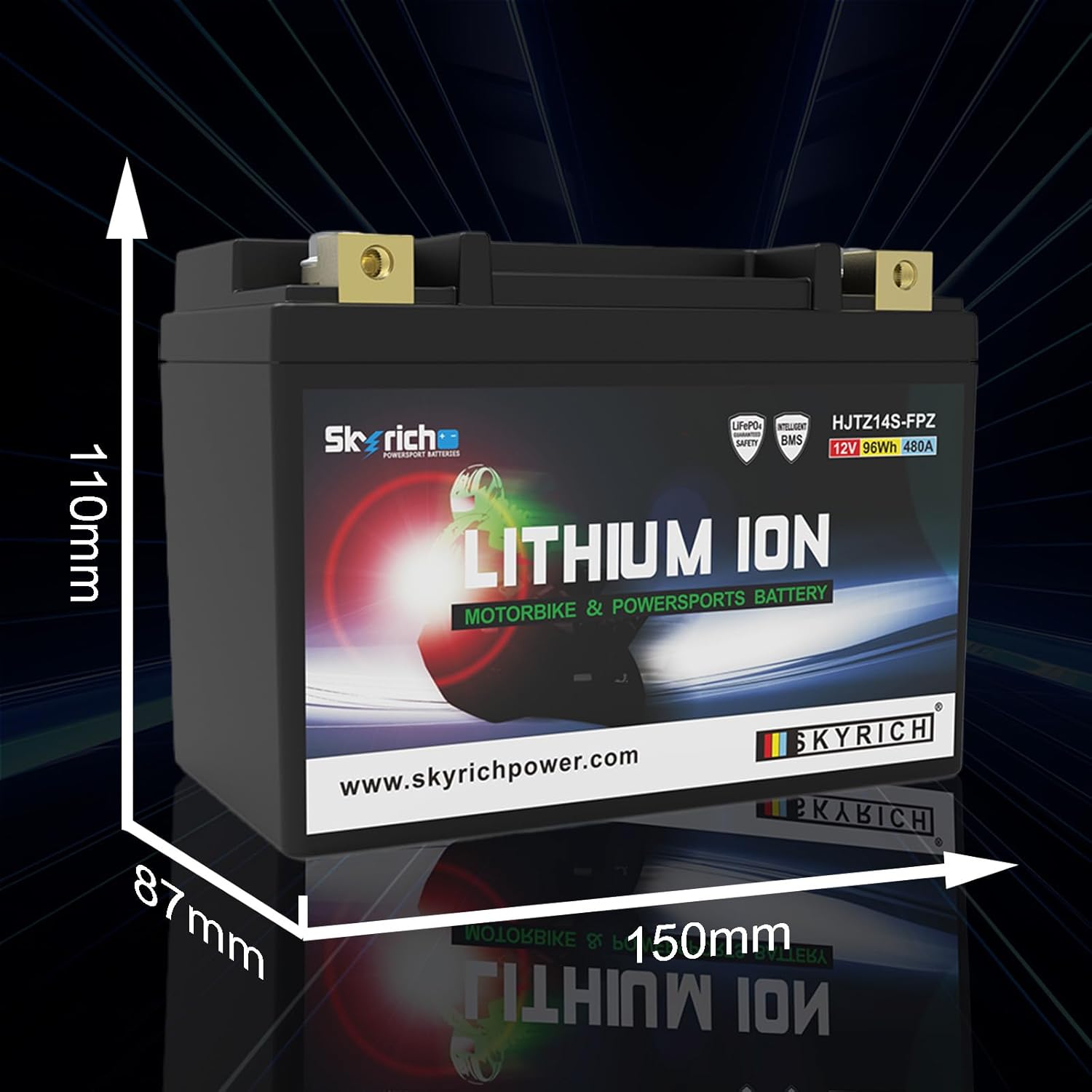 Skyrich HJTZ14S-FPZ Lithium Motorcycle LiFePO4 Battery,12V 8Ah 480A,TRIUMPH Tiger 1200, Speed Triple 1200,T2507730, T2508811,Genuine OEM Part,Adventure Roadsters,Powersports