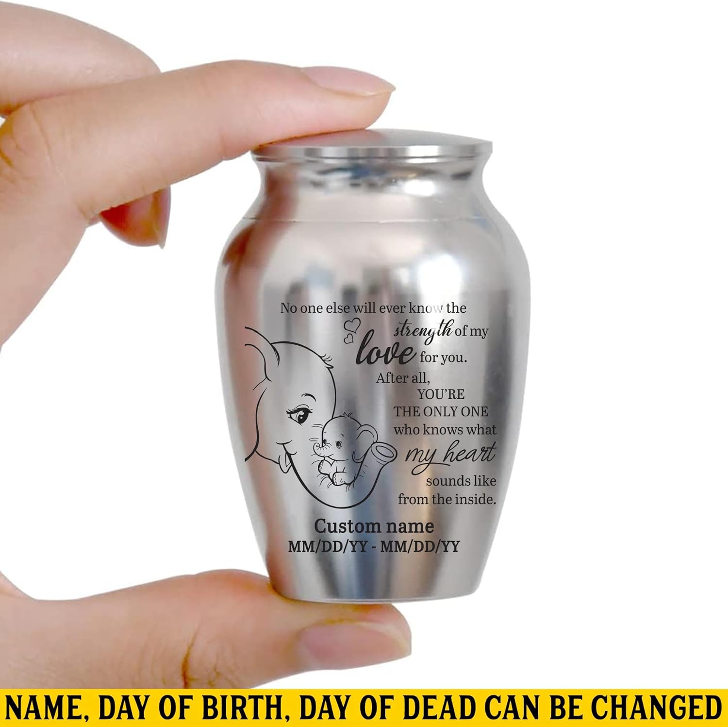 Artsy Woodsy Personalized Baby Mini Urns Stainless Steel, Decorative Engraved Keepsake Urns, Memorial Mini Urn for Infant Childs Baby Boy & Girl (02, 2.56, Elephant 02)