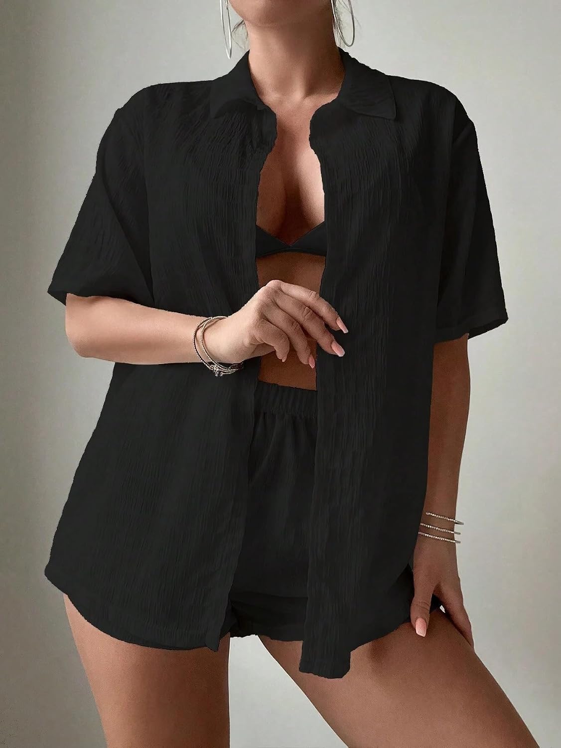 Womens Summer Beach 2pcs Solid Color Short Sleeve Shirt And Shorts Cover-Up Set cover ups for swimwear
