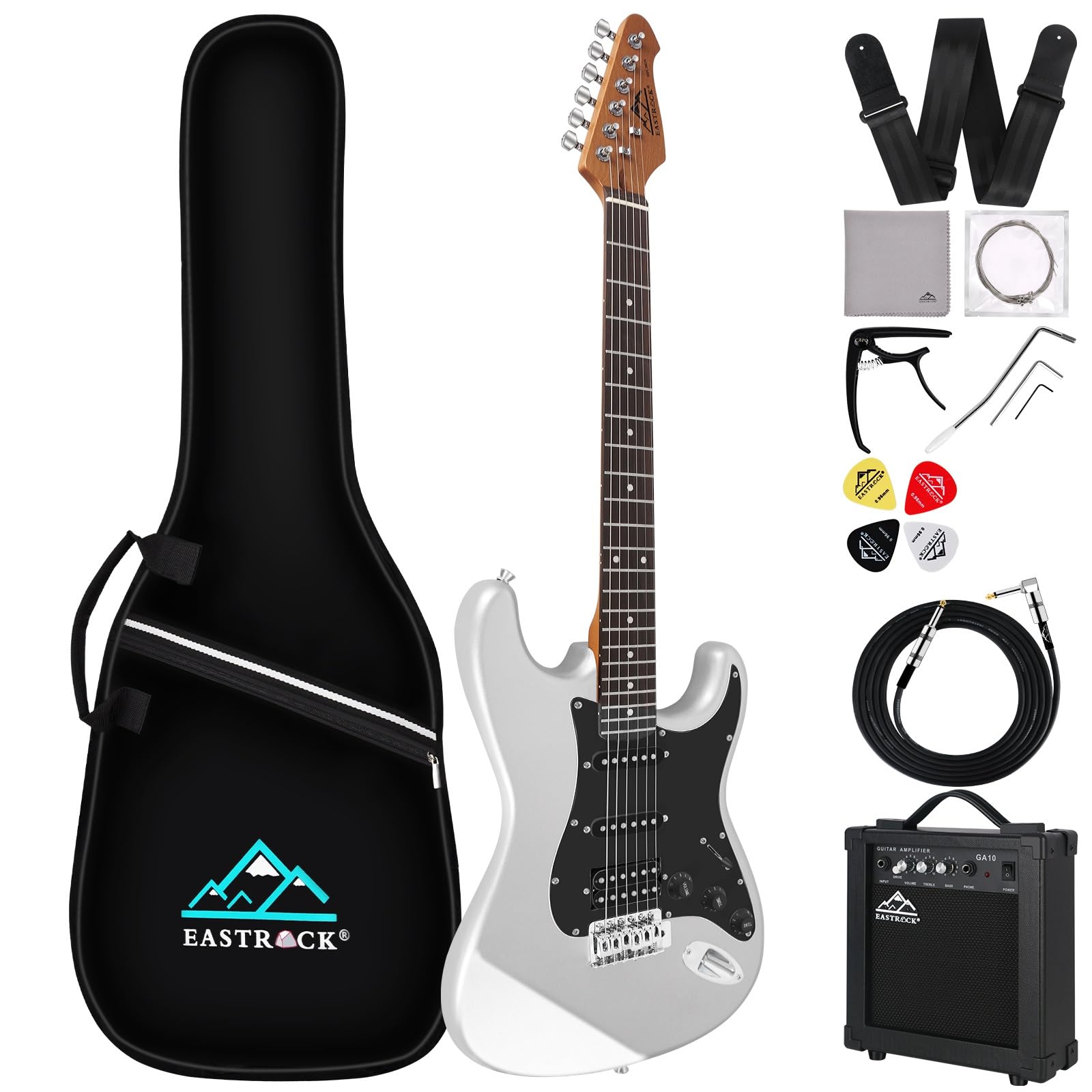 EASTROCK 39 inch Full-Size Electric Guitar Kit for Beginner Starte Bag, Capo, Shoulder Strap, String, Cable, Picks. (39" Right Handed, Silver Gray)