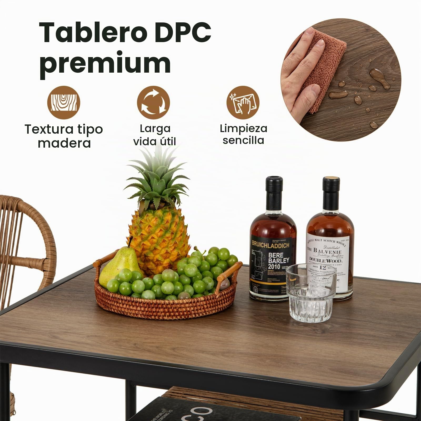 LIFEZEAL Comedor de jardín con 2 sillas y Mesa de Madera | Conjunto de terraza con sillas de mimbre PE, estante y estructura metálica para patio y piscina