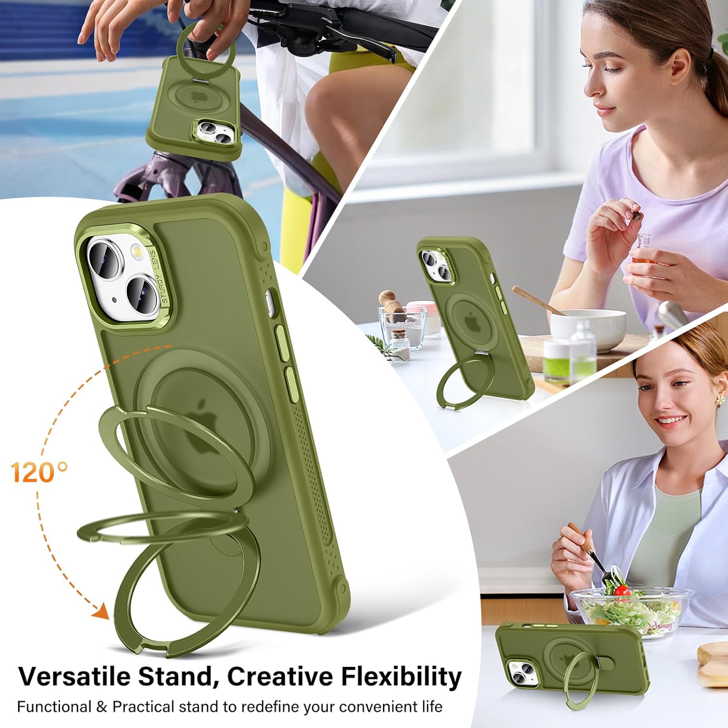 Designed for iPhone 15 Plus Case with Magnetic Stand, [Military Drop Protection][Great Grip Feeling] Matte Translucent Back Slim Shockproof Phone Cover for iPhone 15 Plus 6.7", Olive