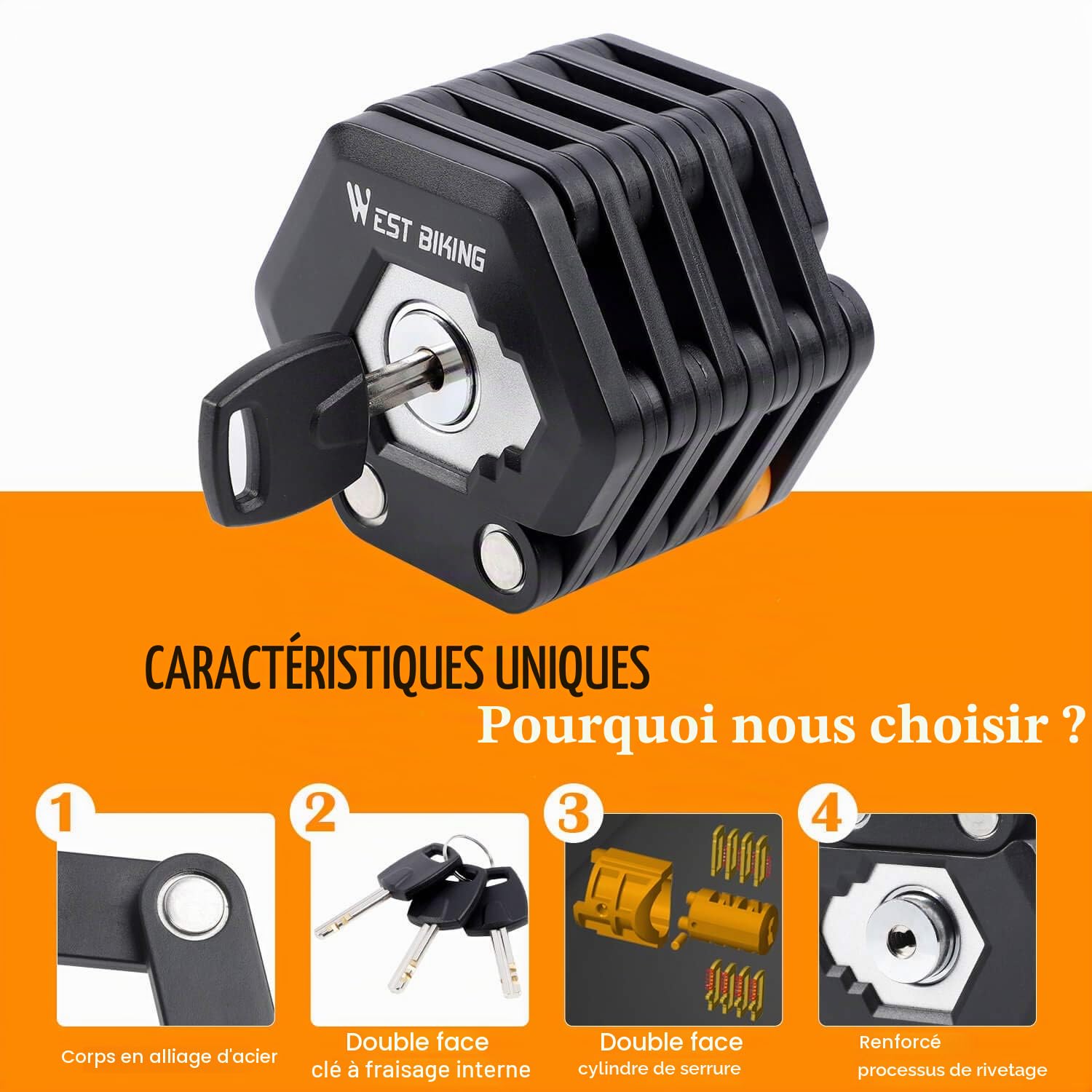 LuTuo Antivol pliable pour vélo avec support, pour scooter, haute sécurité avec 3 clés, 78 cm de long, cadenas pliable pour vélo de course, VTT