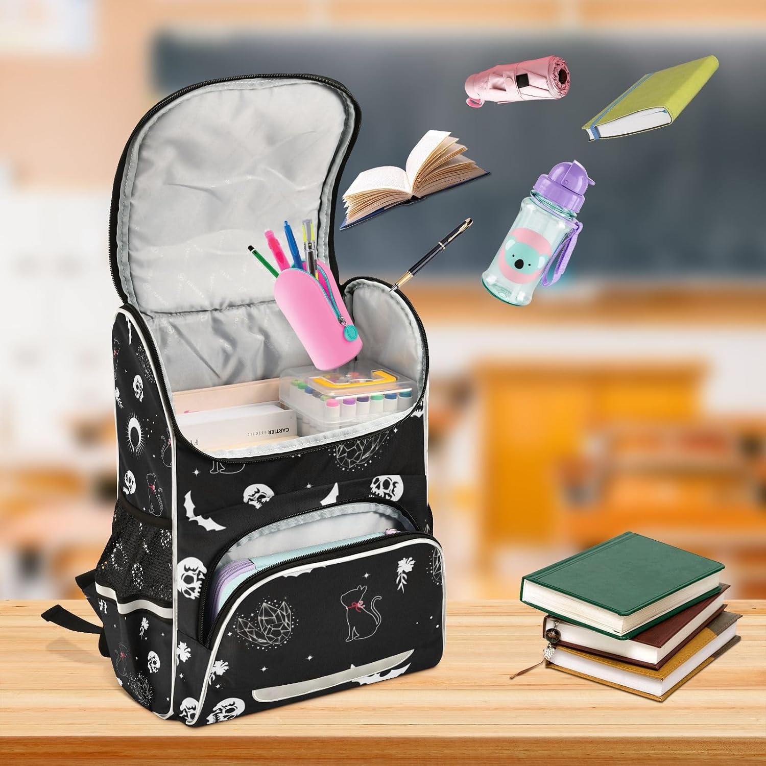 Goth Skull Cat Backpack with Reflective Strip for Kids Boys Girls Elementary School Bag Removable Chest Strap