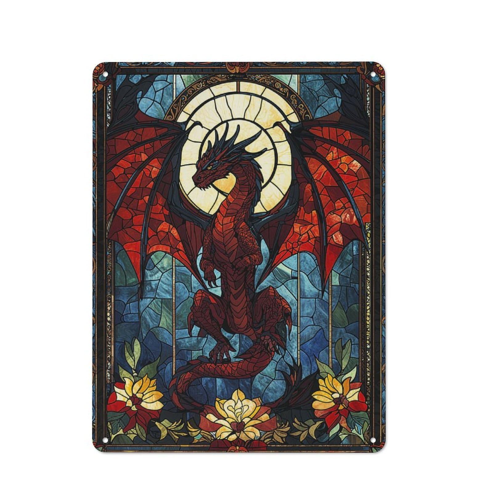 Junmoney Stained Glass Dragon Retro Tin Sign 40X30cm Featuring For Home Bar Wall, For Collectors Decorating Home Bars And Entertaining Spaces