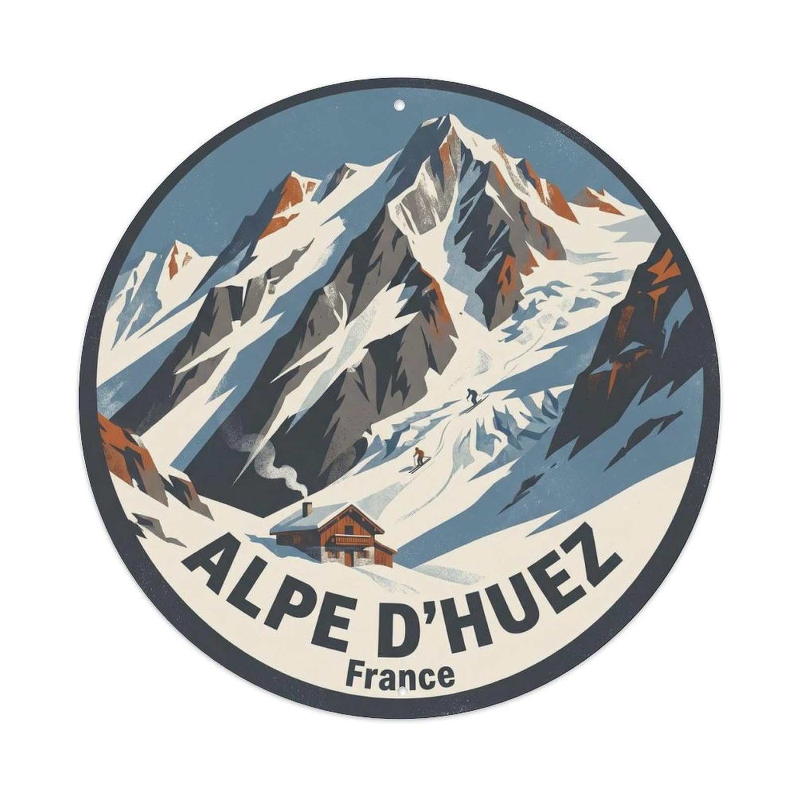 Alpe D Huez France Vintage Alpine Travel Ski Resort Mountain Metal Tin Sign Plaque Wall Decor for Cafe, Man Cave, Club Bar, Office, Home Garden Round Metal Poster 8x8Inch
