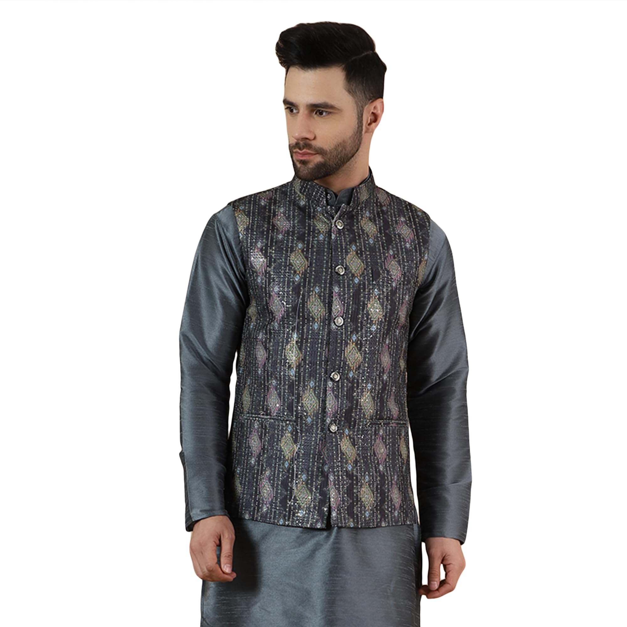 wintage Men's Digital Print Cotton Silk Brown Modi Nehru Jacket-picture-30