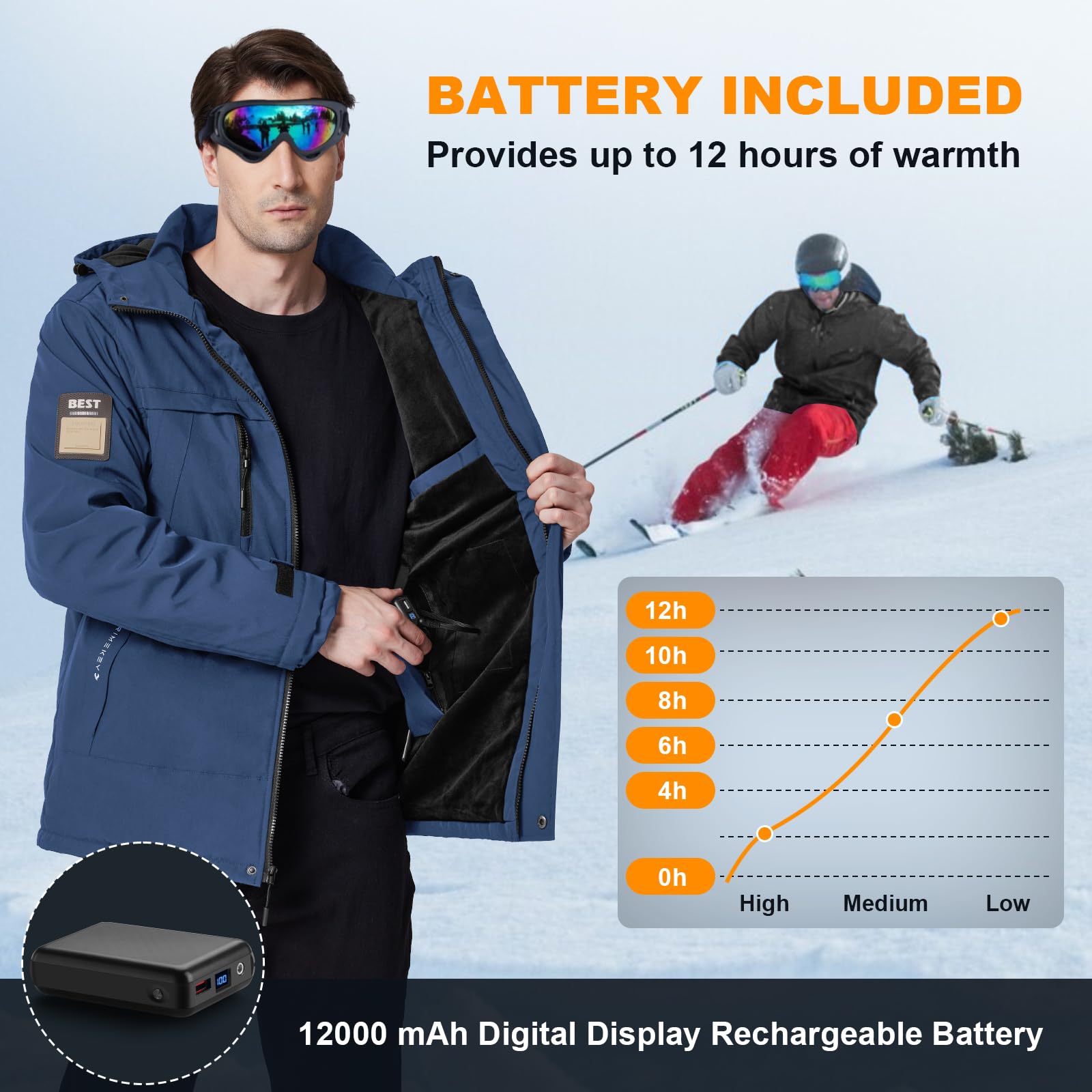 Chaqueta Calefactable Hombre con Batería 7,4V 12000mAh, 6 Zonas de Calor, Impermeable Antiviento para Ski Senderismo Camping