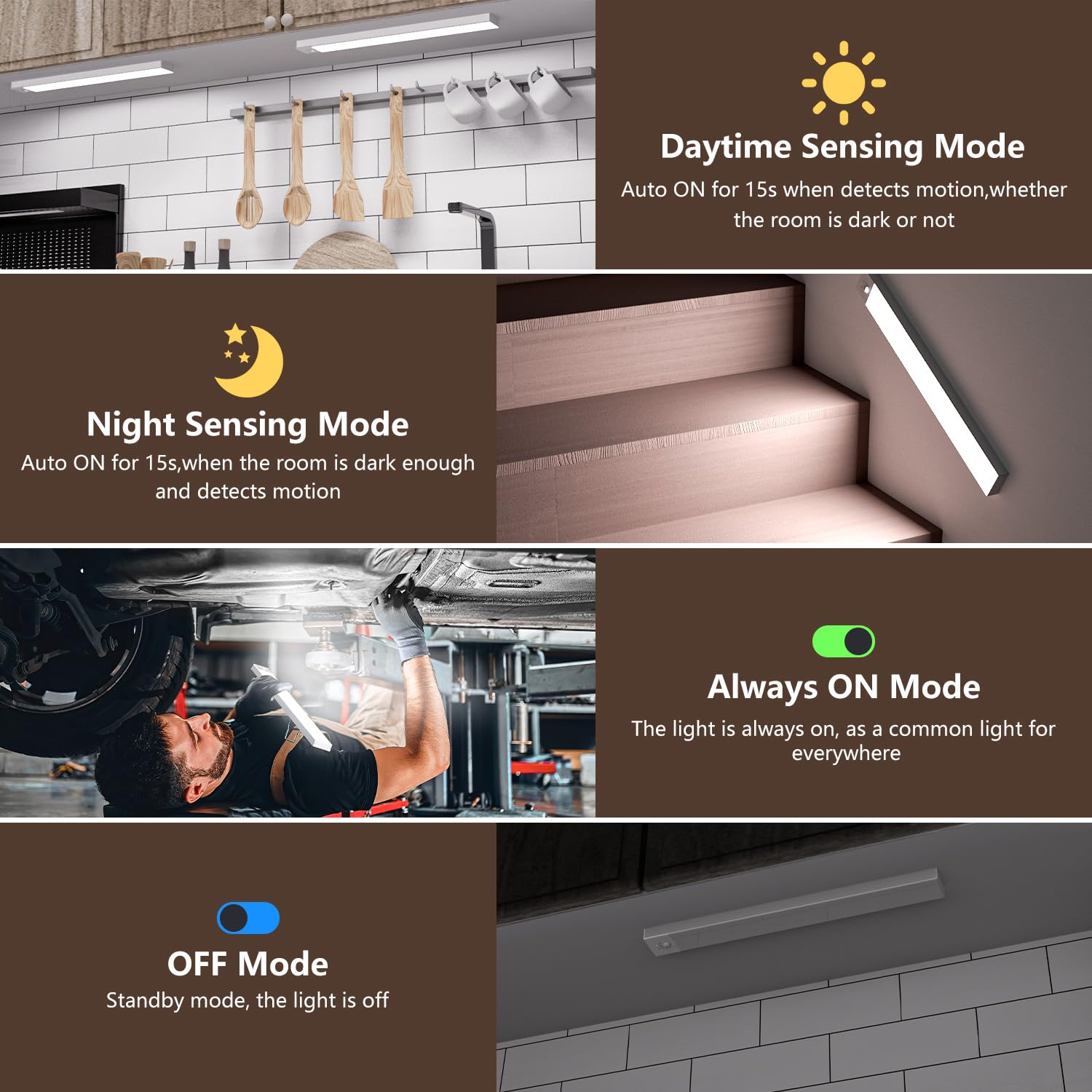 Ylatoial Luce Armadio LED con Sensore di Movimento, 4 Modalità Luce Sottopensile Cucina, USB Lampada LED Ricaricabile, Senza Fili Luci Notturna per Armadio Cucina Scale Corridoio Garage