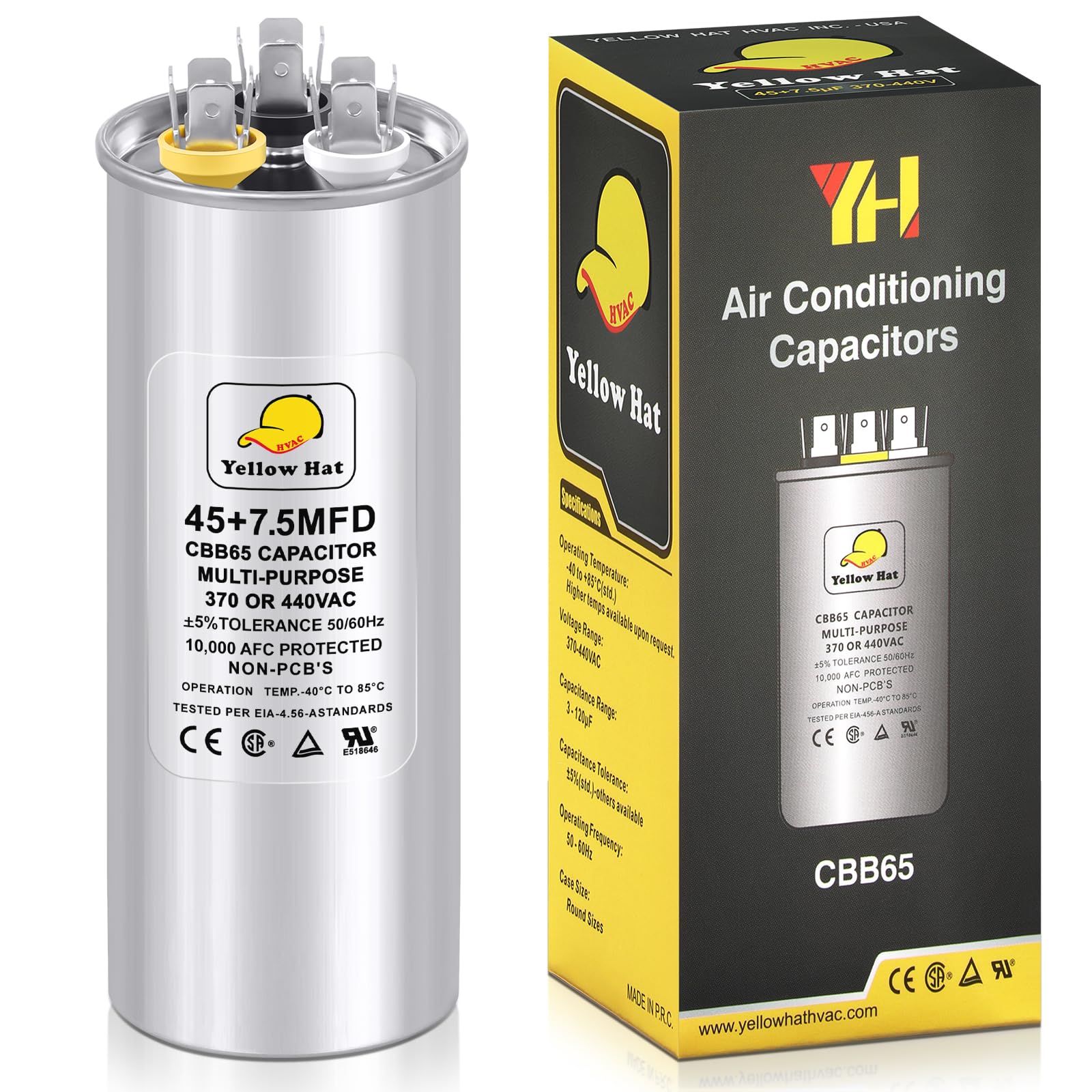 Capacitor for Air Conditioner 45+7.5 uf MFD 370 or 440 Volt VAC, Multi-Purpose Round Capacitor for AC Motor Run or Fan Motor Start or Condenser Straight