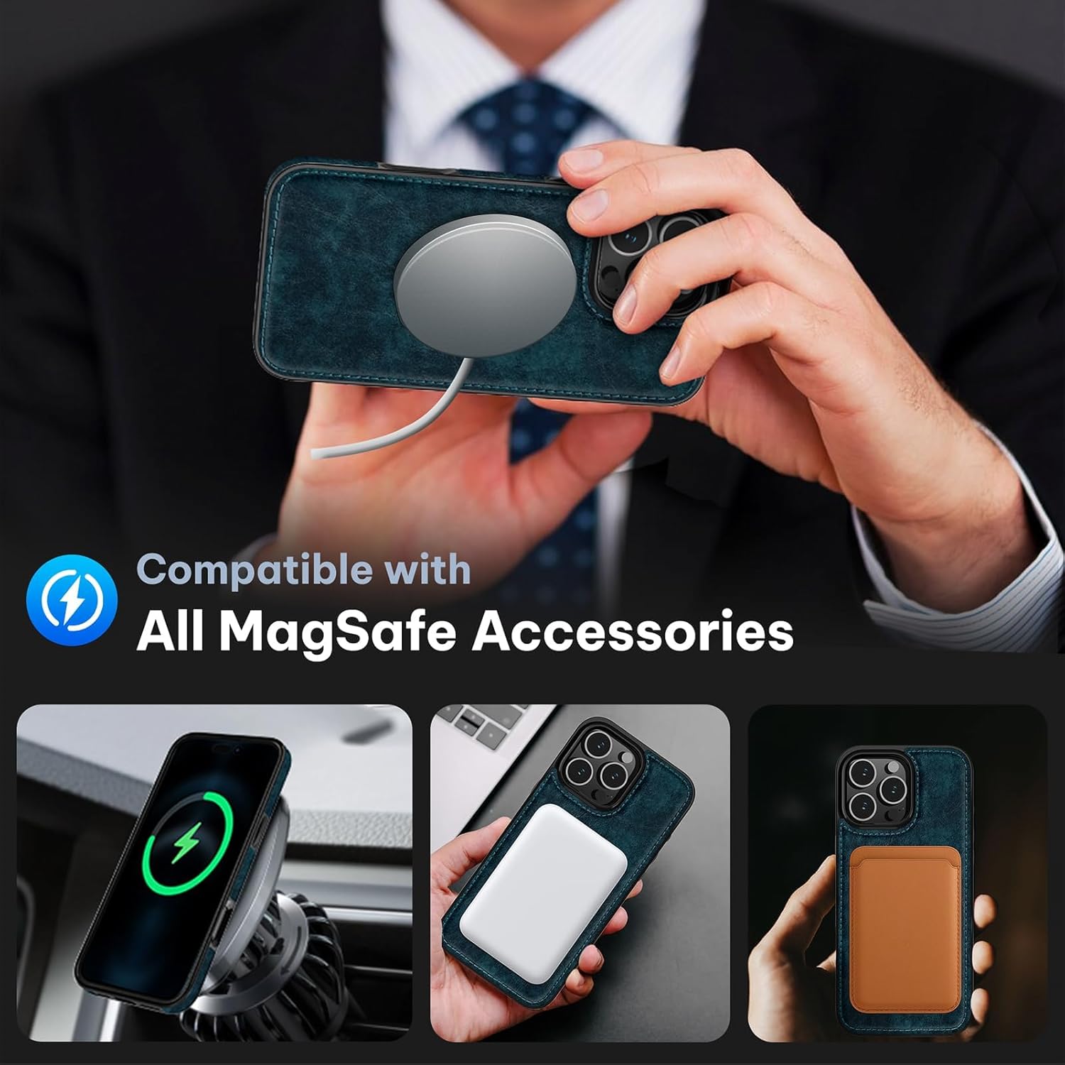 LOHASIC for iPhone 16 Pro Case Compatible with MagSafe, Vintage Leather Slim Business PU Cover Non-Slip Grip Shockproof Bumper Full Body Protective Men Phone Cases for iPhone 16 Pro 6.3" 2024 - Blue - Image 5