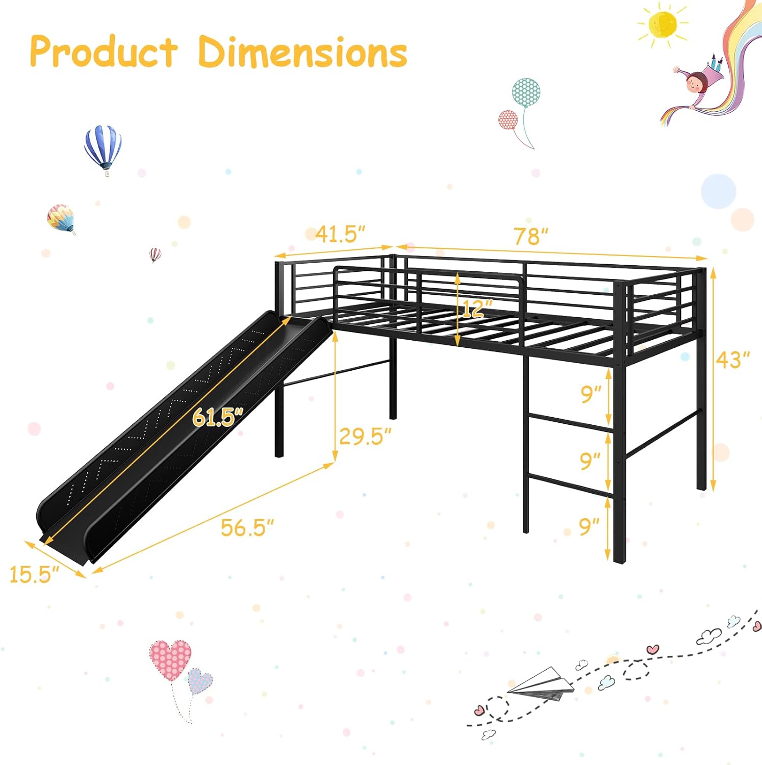 Giantex Twin Loft Bed with Slide, Metal Low Bunk Bed w/Safety Guardrails & Built-in Ladder, Toddler Bed Floor Frame for Boys & Girls, No Box Spring Needed (Black)