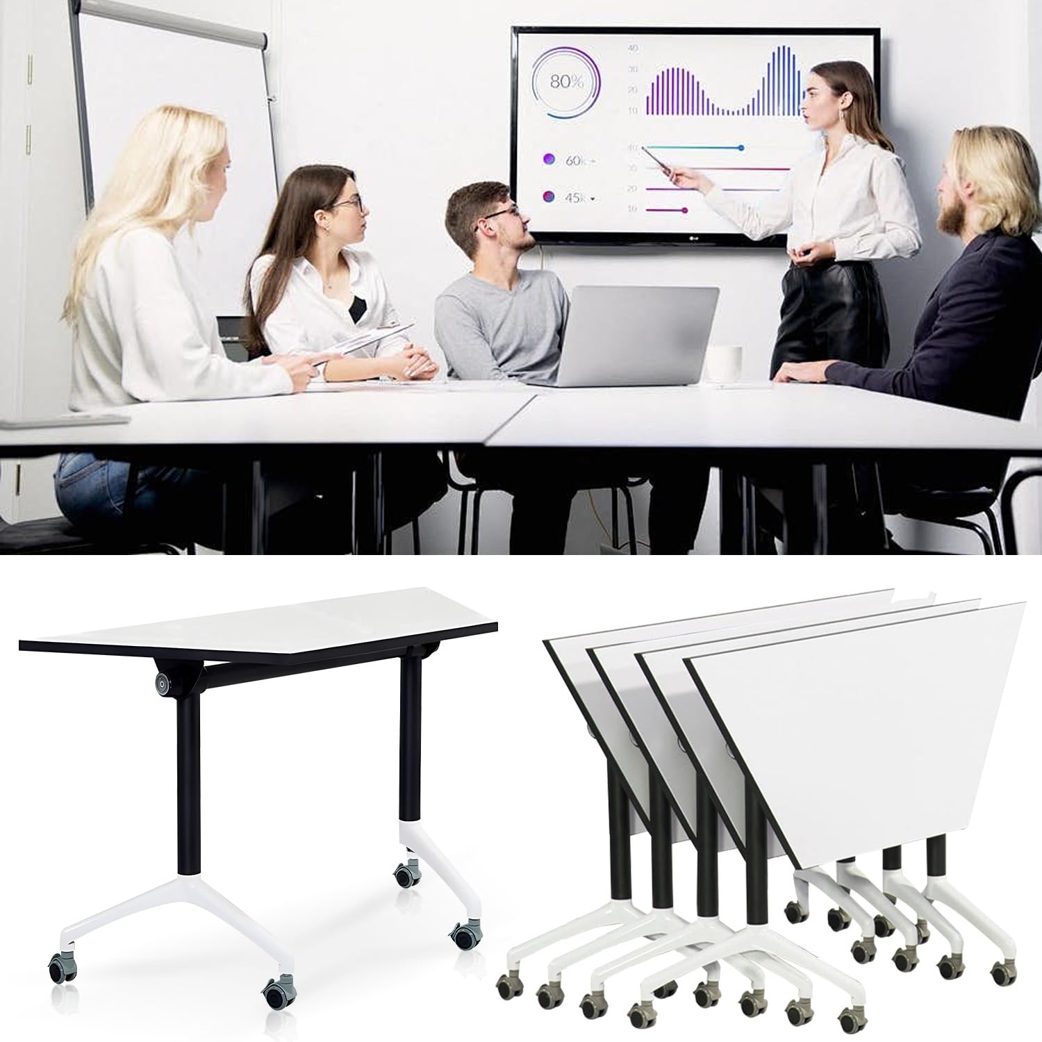 Modular Conference Table,Mobile Conference Room Training Room Tables with Wheels,Foldable Meeting Table Rolling Seminar Table for Office,Modern Flip