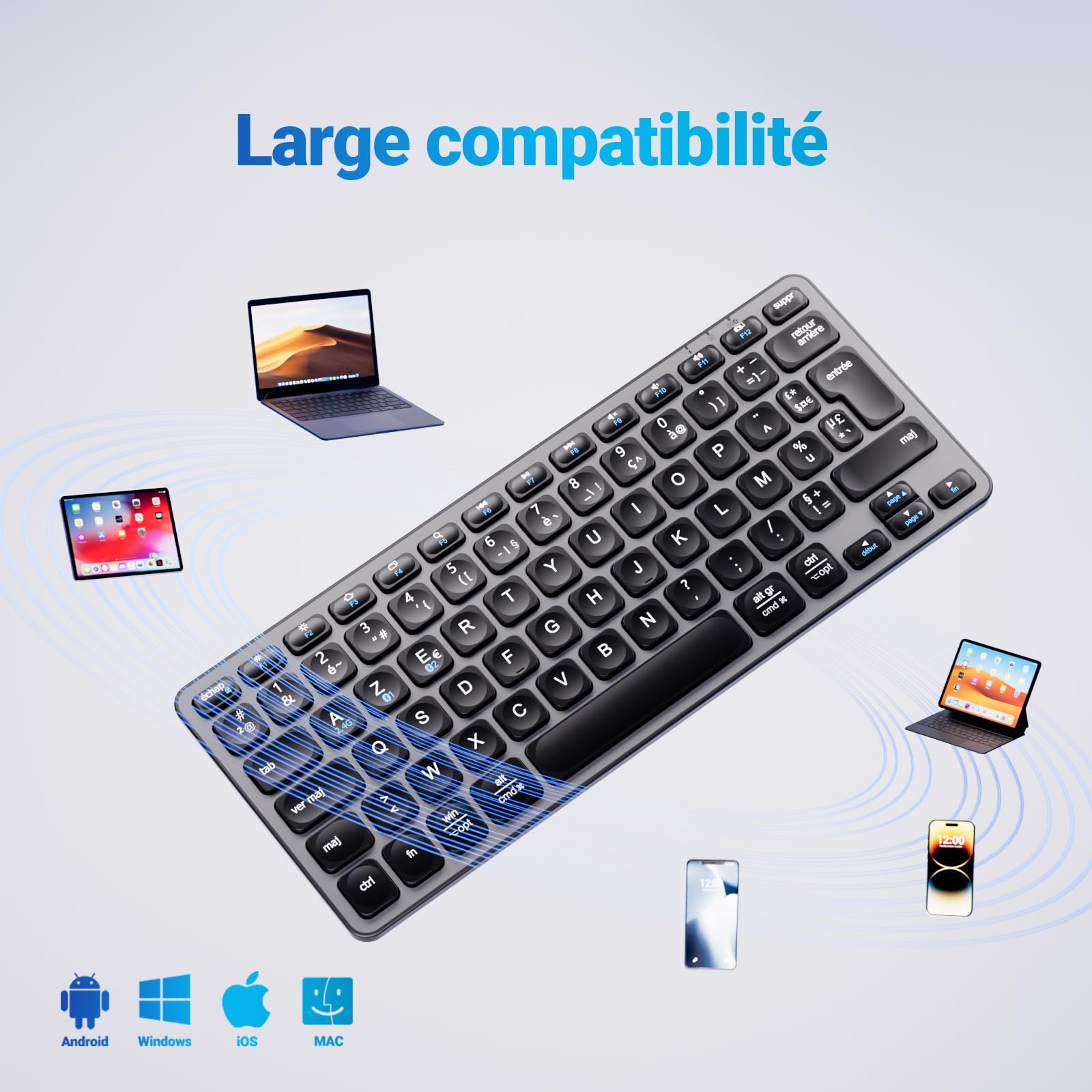 iClever Clavier Bluetooth, Clavier sans Fil, Compact, Ultra-Mince, Rechargeable, AZERTY Français pour iOS, Mac, Windows, Android,Gris