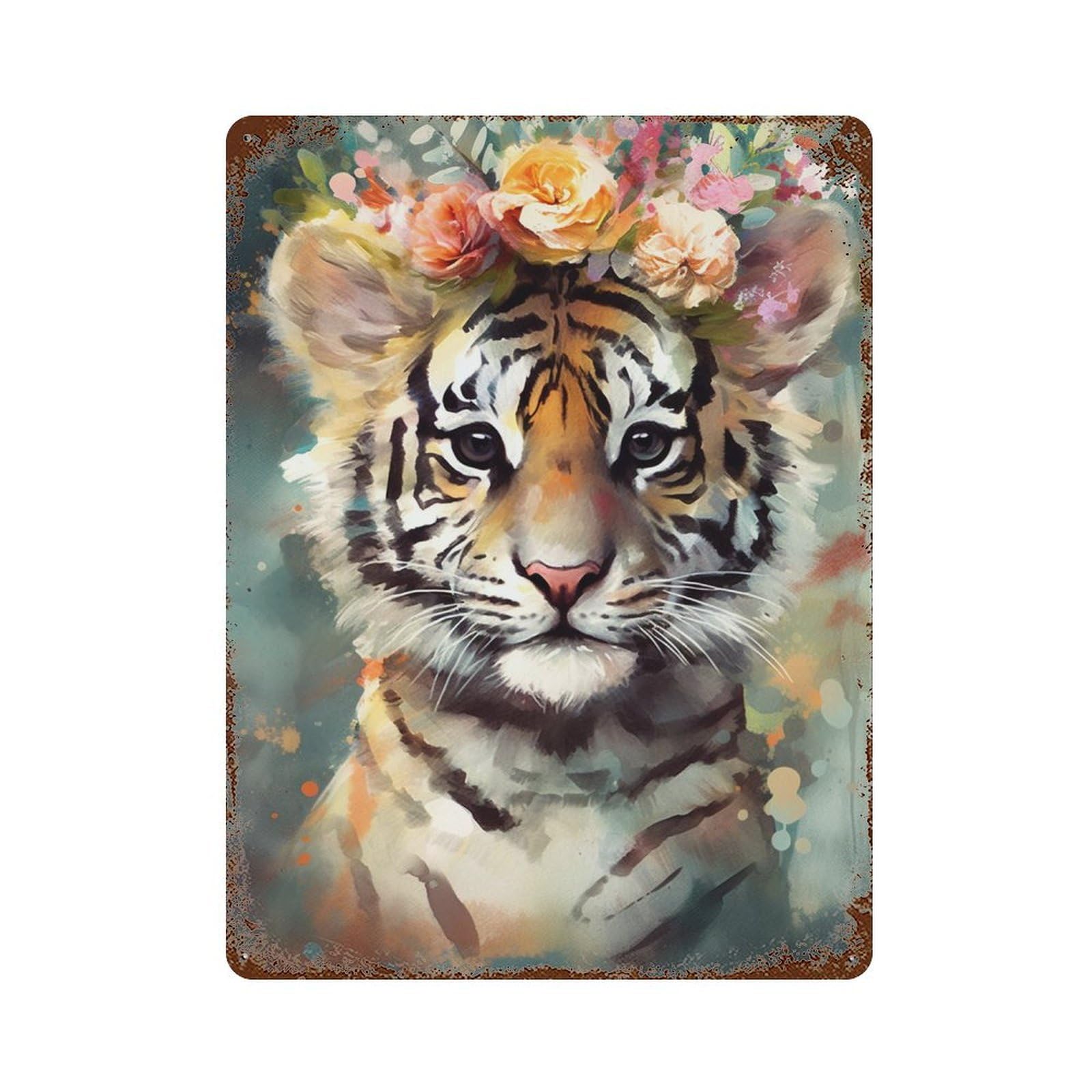 Tiger Cub with Flower Crown Rust Effect Tin Sign 15.7"x11.8", Rustic Home Decor for Cafe, Home Bar And Lounge Decor