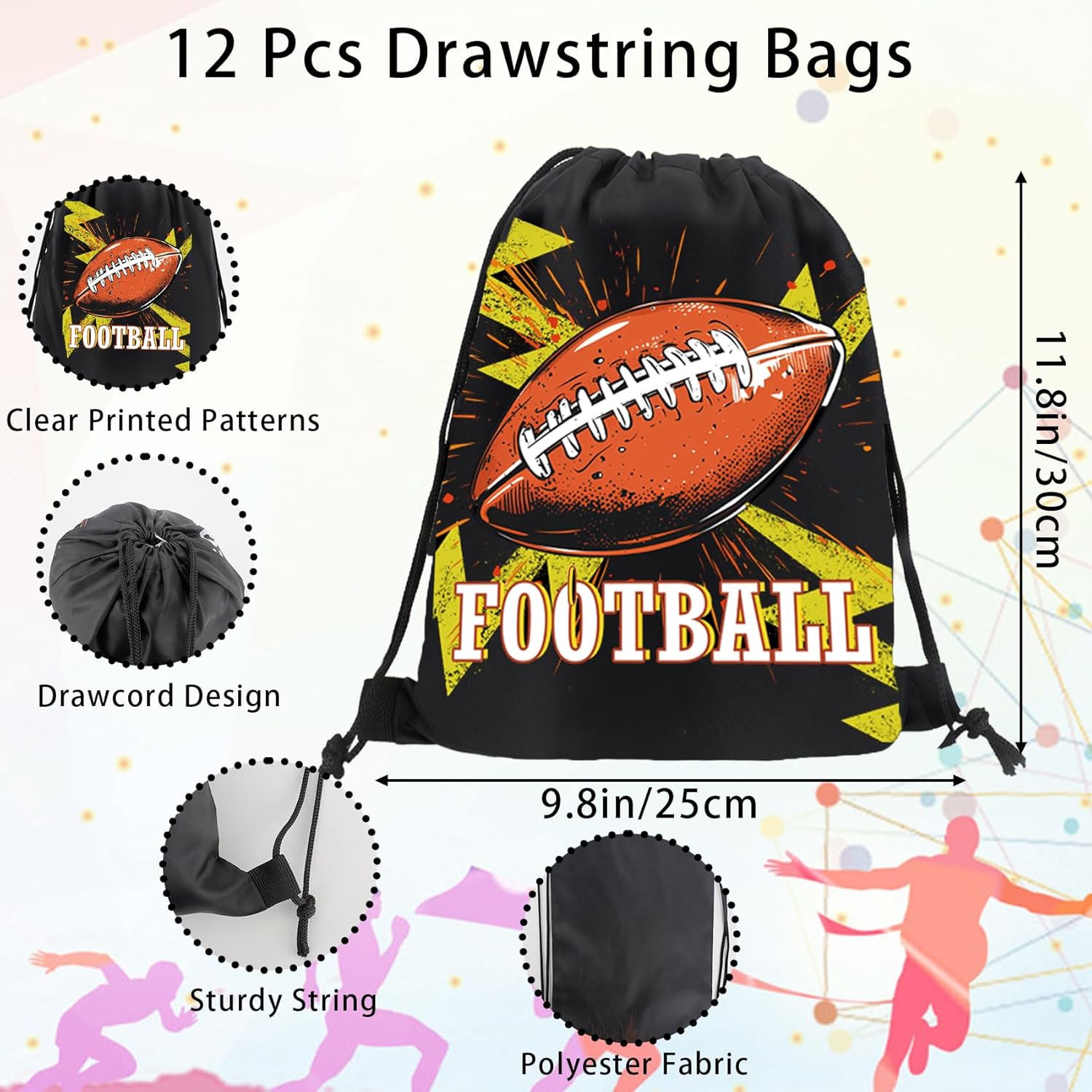 12 Pcs Football Drawstring Gift Bag Football Snack Bags Goodie Backpack Sports Party Supplies for Storage Candy Snacks Treat Backpack Goodie Bag for Sports Theme Birthday Parties(9.8x11.8In) - Image 2