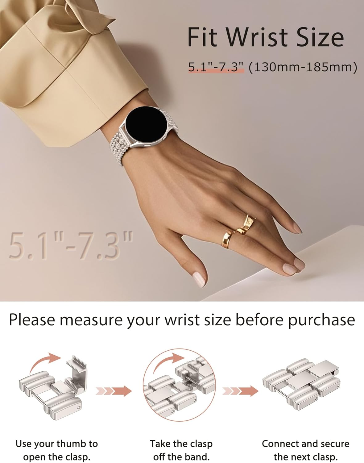 Minyee Compatible with Samsung Galaxy Watch 7 6 5 4 FE 40mm 44mm/Watch 6 Classic 43mm 47mm/Watch 5 Pro 45mm Band Women, 20mm Pretty Dressy Stainless Steel Metal Adjustable Round Studded Link Bracelet