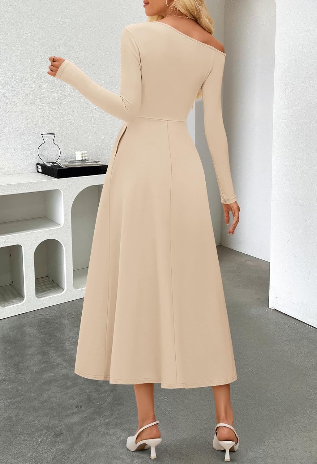 MEROKEETY Women's Fall Long Sleeve Wedding Guest Dresses 2025 One Shoulder Elegant Formal Pleated Midi Maxi Dress - Image 4