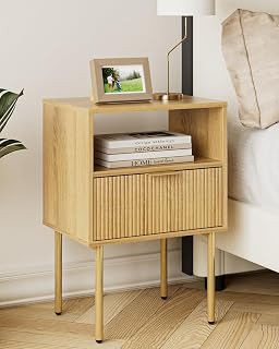Aienvey Nightstand with One Drawer, Oak Stripe Night Stand and Gold Frame | Modern Storage Bedside Table with Spacious Drawer, Small Side End Table for Bedroom, Living Room, 15.35"W x 11.42"D x 22.44"H
