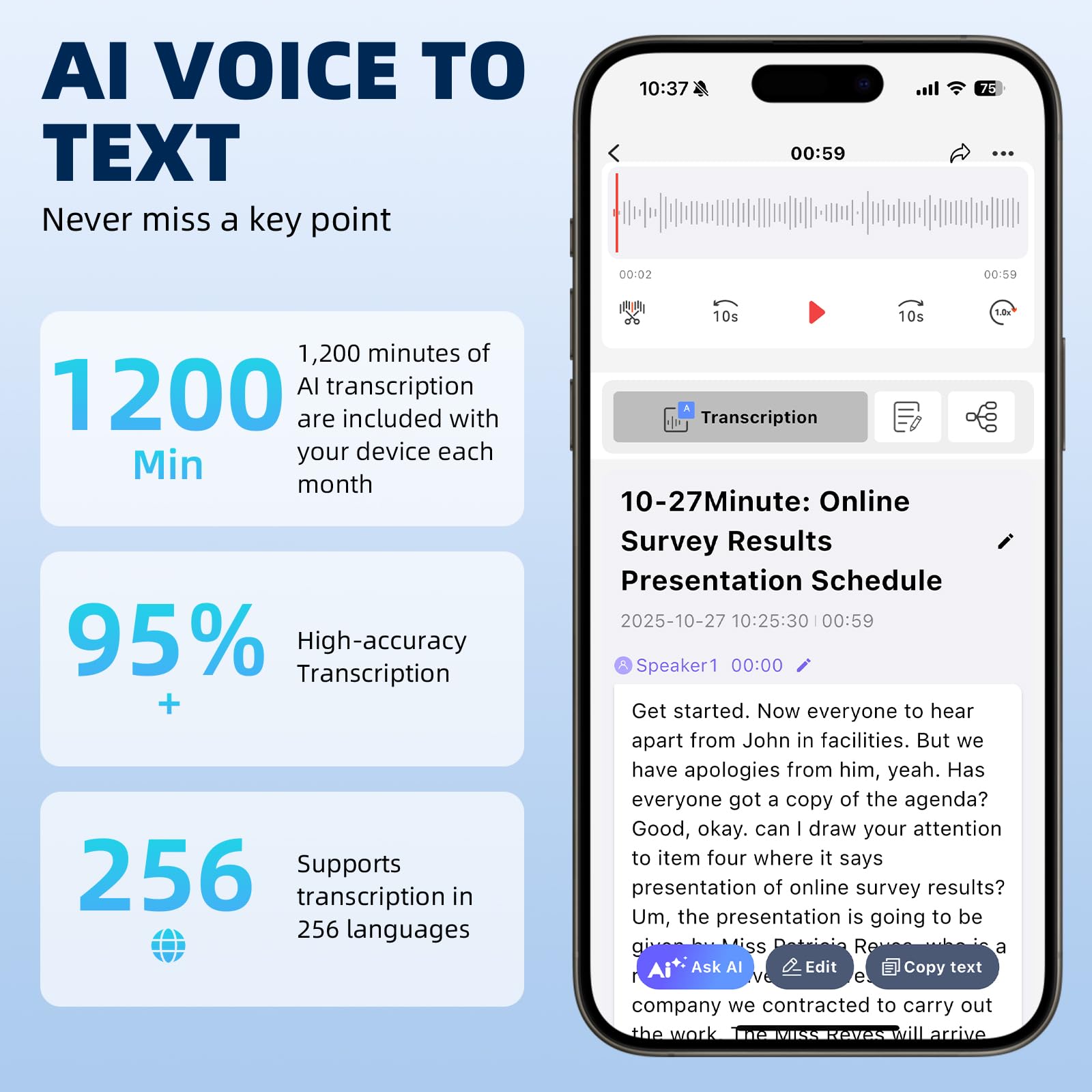 Enregistreur Vocal AI 64GB Professionnel Portable avec Transcription et Résumé, 256 Langues, Contrôle par Application