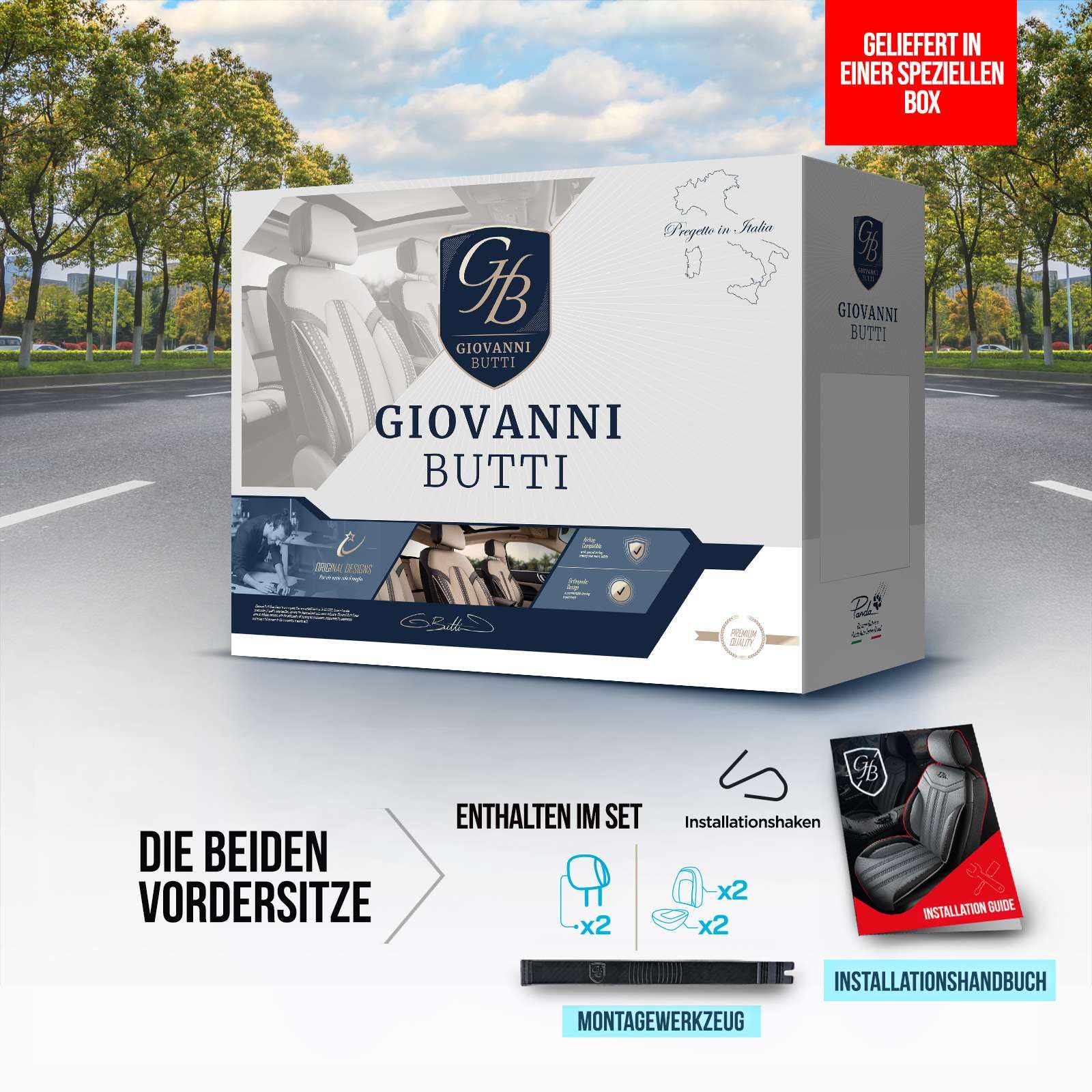 Autositzbezüge Universal – Premium Autozubehör Innenraum für PKW & SUV – Jacquard Sitzauflage, Autoschonbezug Auto, Airbag-kompatibel, Schwarz-Rot, Vordersitz-Set inkl. Montageset