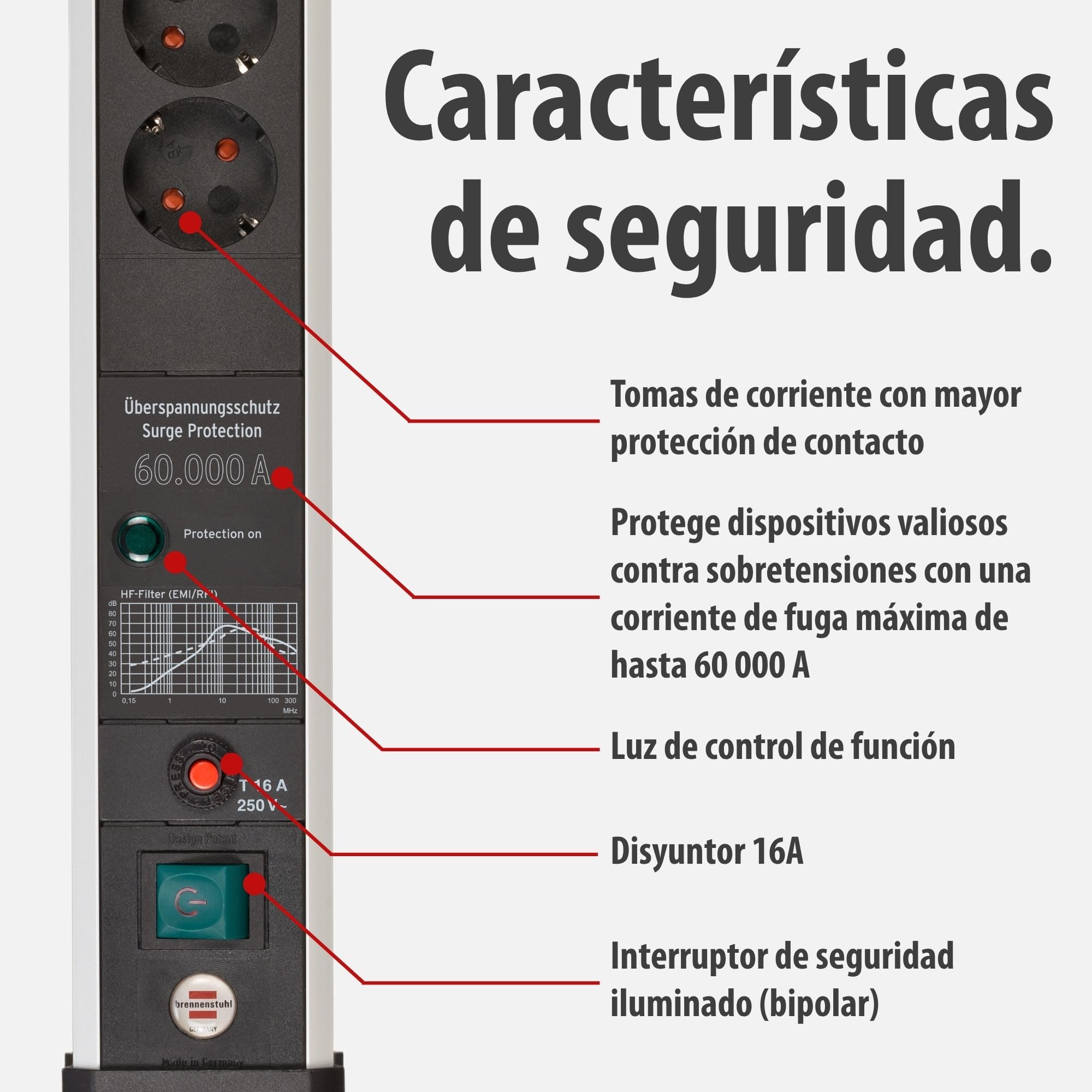 Brennenstuhl Premium-Protect-Line regleta enchufes de 4 Tomas con protección contra sobretensiones hasta 60.000 A (Cable de 3 m, Interruptor, Fabricado en Alemania) Plateado/Negro