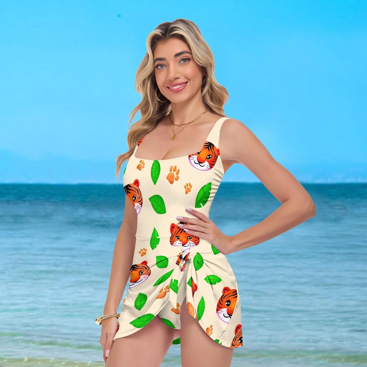 Cute Tiger Plant Yellow Women's One Piece Swimsuits Tummy Control Bathing Suits S A2303176
