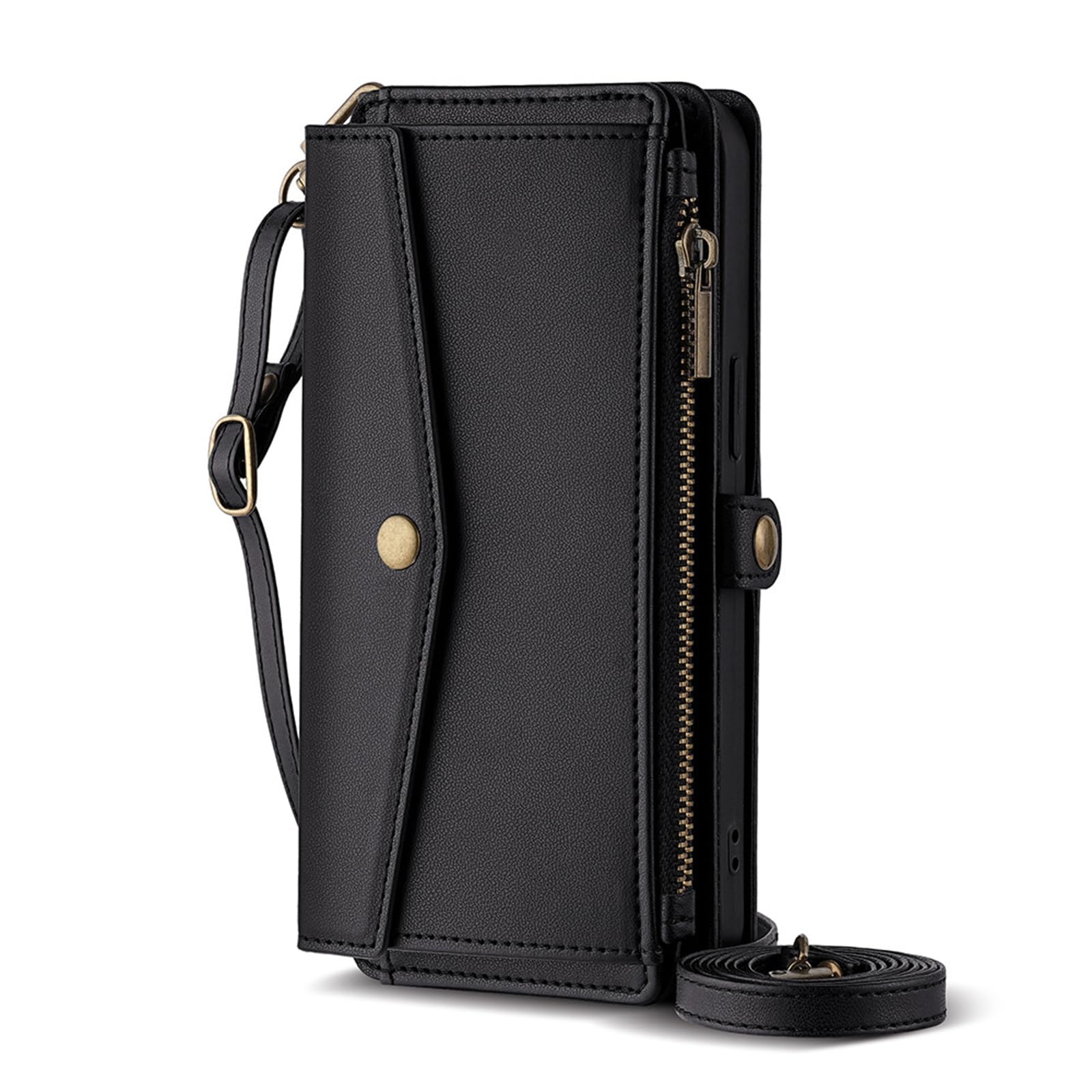 MFAOSHI Flip Case for Huawei Pura 90 Pro Max/90 Pro, Crossbody Large Space Zipper Wallet Leather Cover with Card Slots Kickstand Case,Black,90 Pro Max