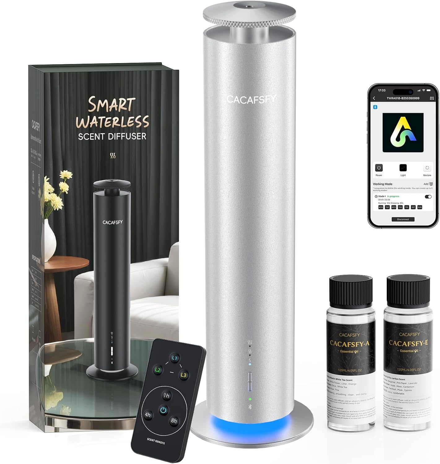 The CACAFSFY Waterless Scent Diffuser Starter Kit – 1000 Sq Ft Coverage, Hotel Scent Diffuser, Essential Oil Diffuser Large Room, Included 2x120ml Scent Oils, Remote Control,Cold Air Diffuser