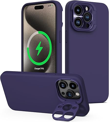 Nillkin Funda magnética para iPhone 15 Pro Max, funda de silicona líquida compatible con MagSafe, soporte de anillo de cámara integrado, funda