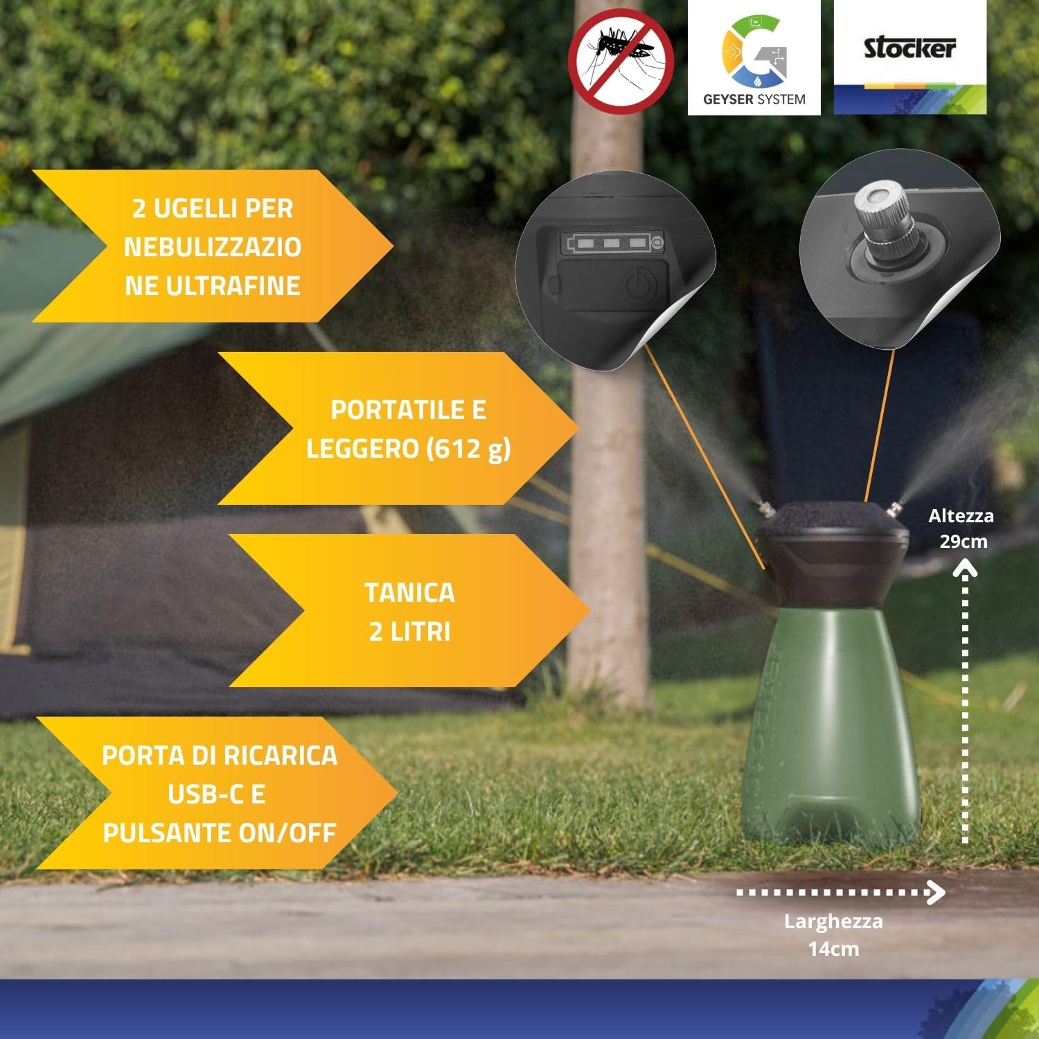 STOCKER - Geyser Nebulizzatore 2 L Li-Ion - Kit Completo Anti-Zanzare con Batteria Li-Ion 3,6 V, Serbatoio 2 L e 10 m di Tubo - Copertura Perimetrale fino a 10 mq