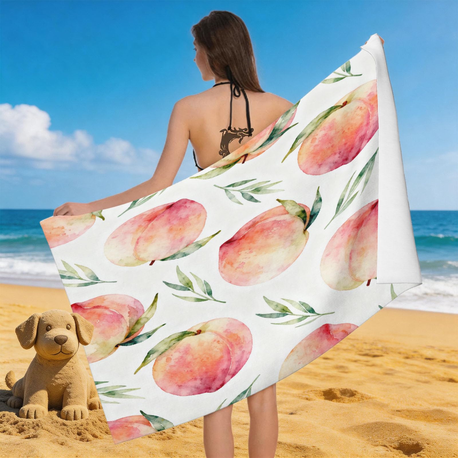 Leichong 3D Watercolor Peach Beach Towel Large Microfiber Soft Quick Dry for Adults, Fruits Bath Towel Lightweight Soft Absorbent for Travel Swimming Pool Sports, 180 x 90 cm
