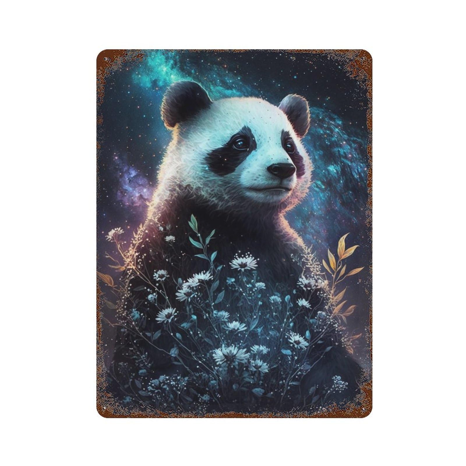 Galactic Panda with Flowers Retro Metal Sign 15.7"x11.8", Novelty Wall Decor for Farmhouse, Kitchen And Entryway Decor