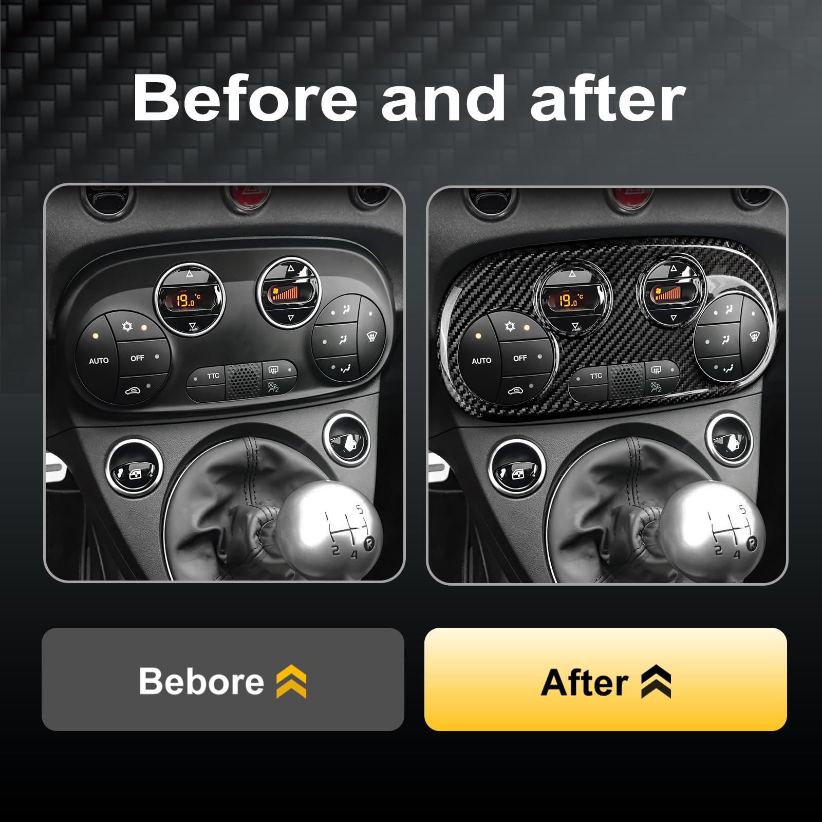 KUNGKIC Per Fiat 500 2008-2023 Abarth 595 2012-2023 Car Central Control AC Panel Pannello di controllo rigido in fibra di carbonio Sticker decorativi accessori interni regalo, nero, stile B