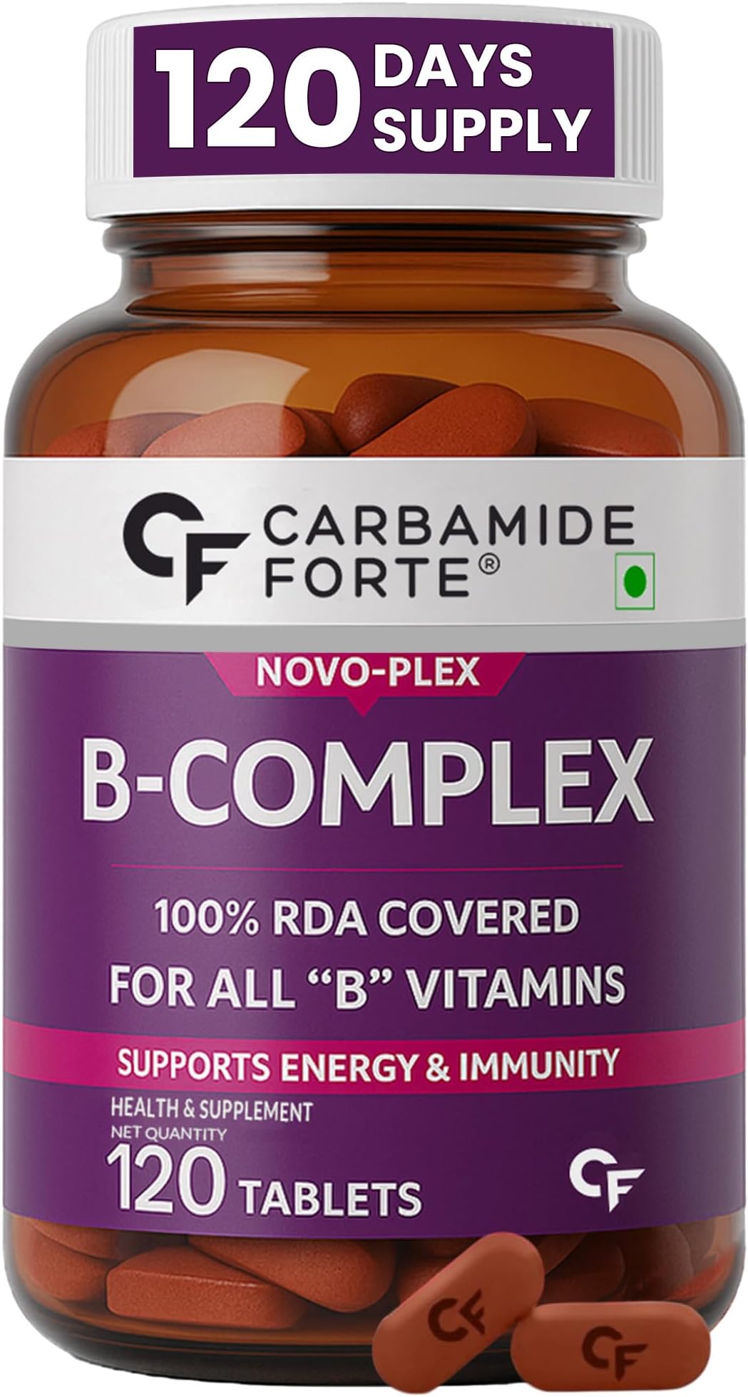 Carbamide Forte Vitamin B-Complex Tablets - 100% RDA for B Vitamins with B1, B2, B3, B5, B6, B9 & Vitamin B12 | Vitamin B Complex Supplements for Women & Men - 120 Vegetarian Tablets