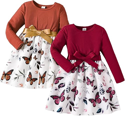 VeryNew Girls Long Sleeve Butterfly Print Dresses with Tie Belt for Princess Bri