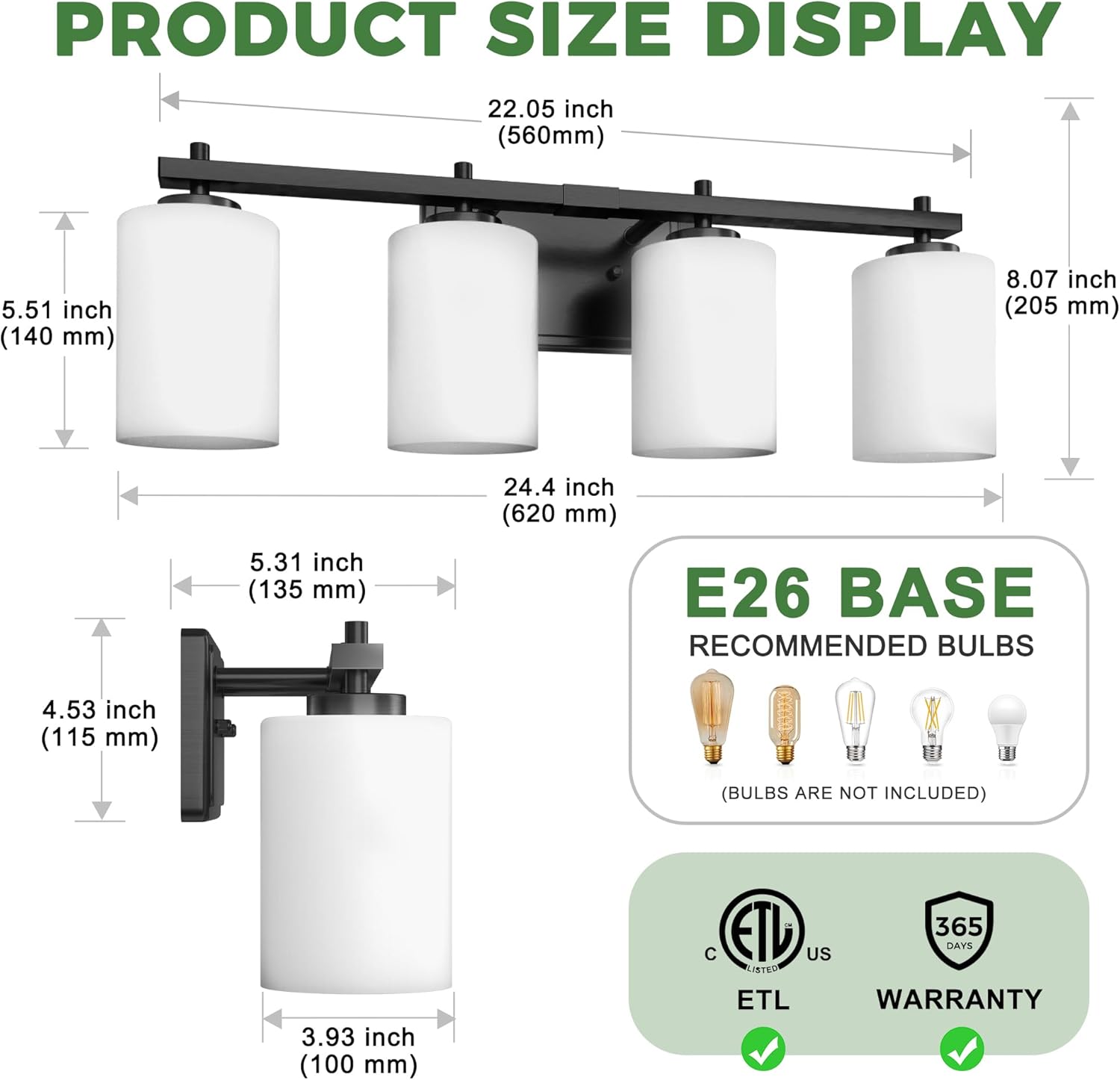 DORESshop 4-Light Bathroom Vanity Light, Muted Black Bathroom Light Fixtures Over Mirror with Milk Glass Shade, Modern Vanity Lights for Living Room Hallway