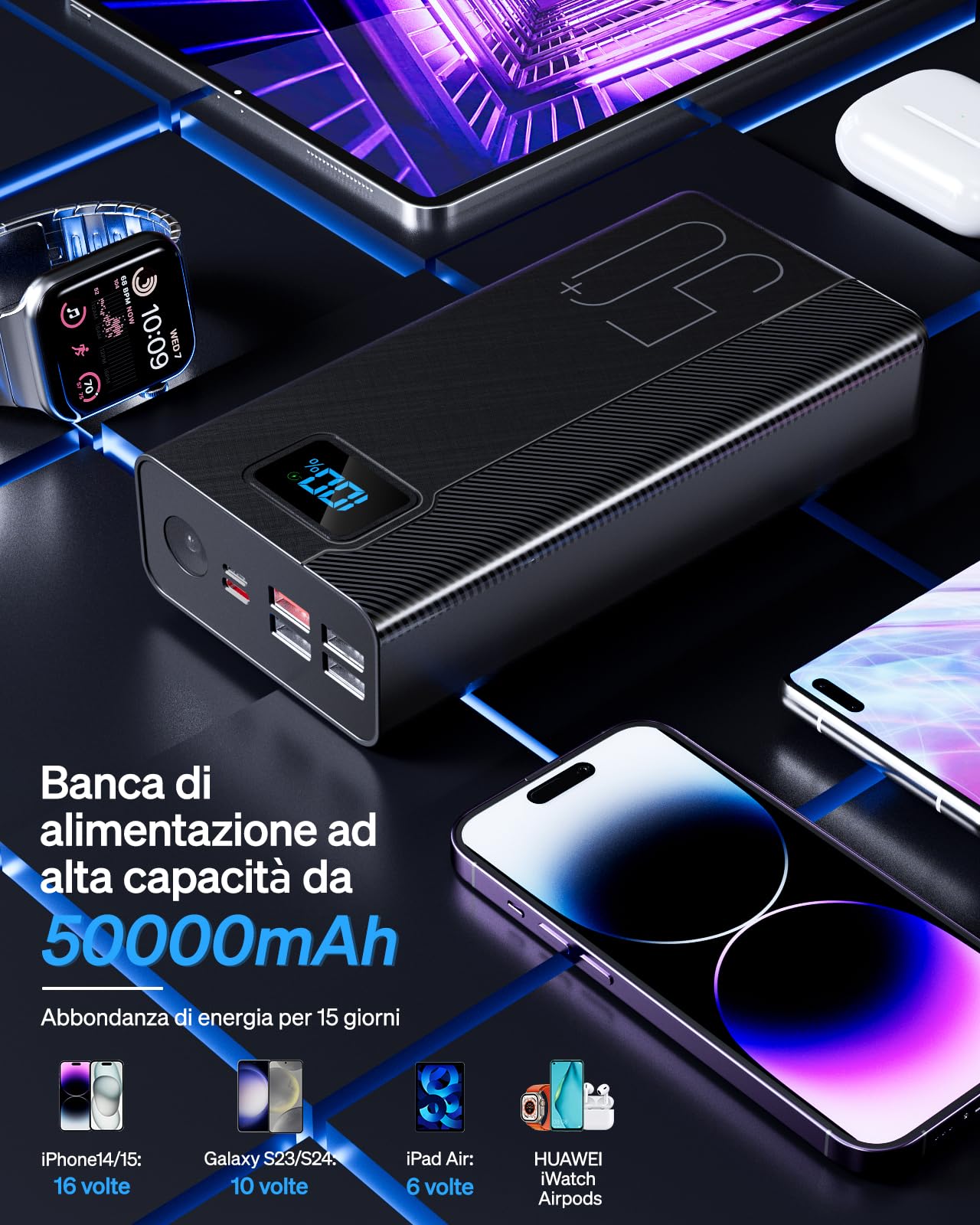 50000mAh Power Bank:22.5W Batería Externa de Carga rápida con Gran Capacidad y 5 Salidas y 3 entradas MP3 6GB with
