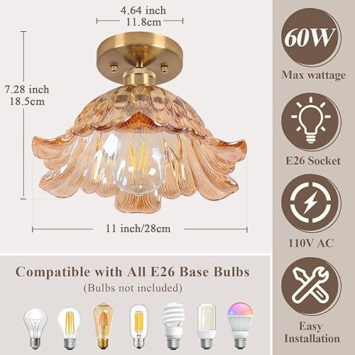 Miniatura 3 de Lámpara de techo semiempotrada, luces vintage E26, lámpara de techo verde de 11 pulgadas para armario, pasillo, cocina, comedor