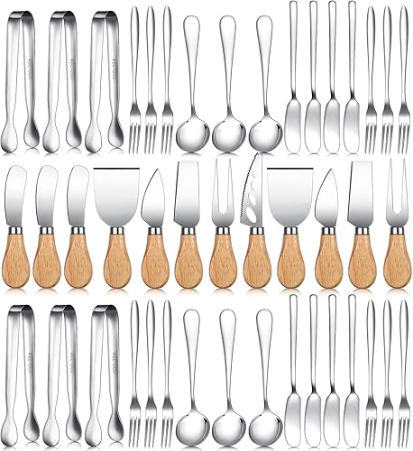 El juego de 48 cuchillos de queso incluye 8 espátulas de queso de acero inoxidable con asas de madera, 40 espátulas de queso de acero inoxidable