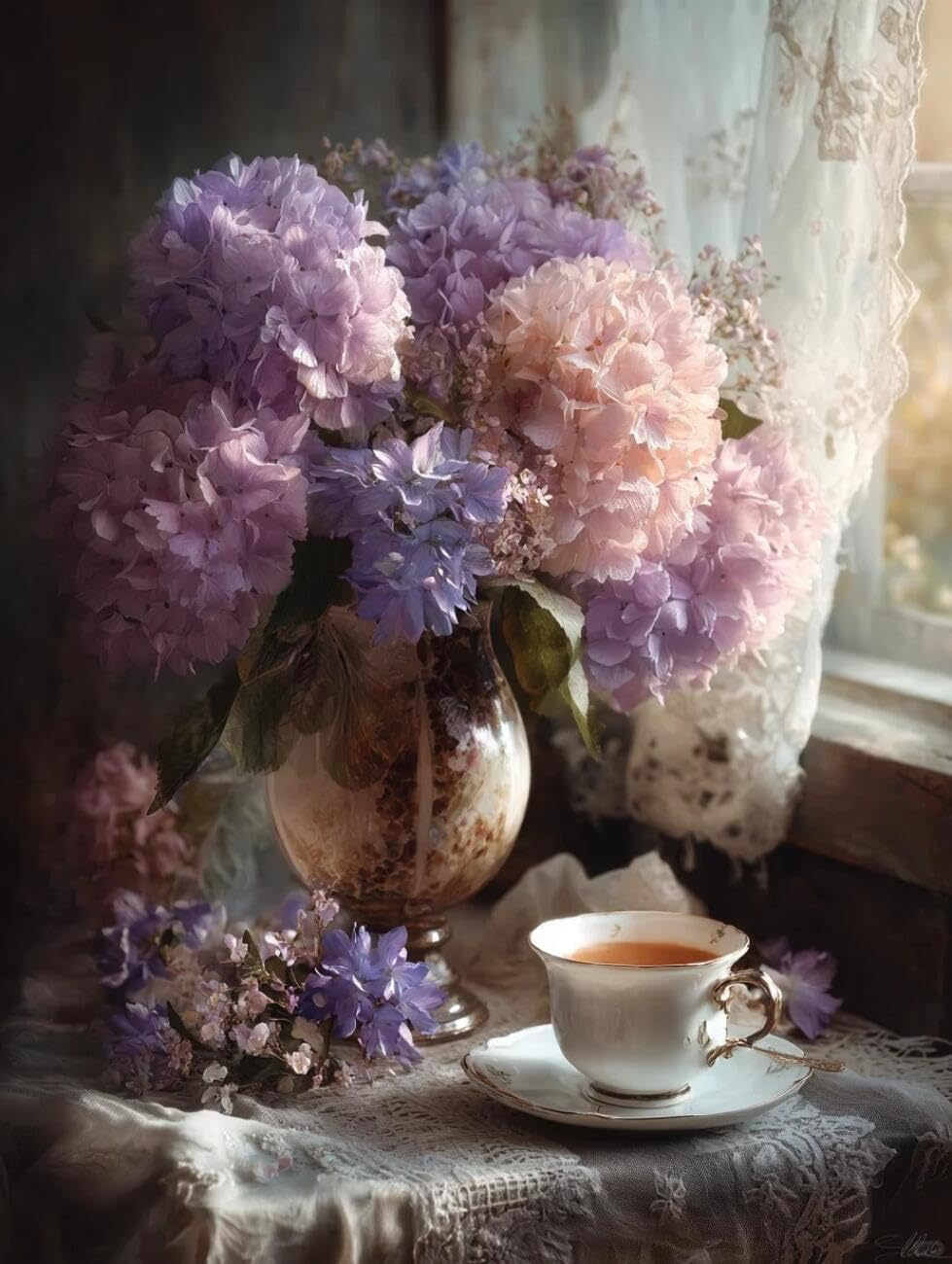 RKFLGEW 14CT Cross Stitch Kits for Adults Hydrangeas in A Vase Preprinted Fabric Cross Stitch DIY Art Needlecrafts Embroidery Kits for Adults Beginners 40x50cm