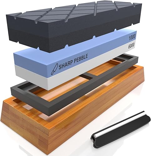 Sharp Pebble Piedra de afilar cuchillos de grano 1000/6000 de dos lados y piedra de aplanamiento grande de grano doble con base de bambú